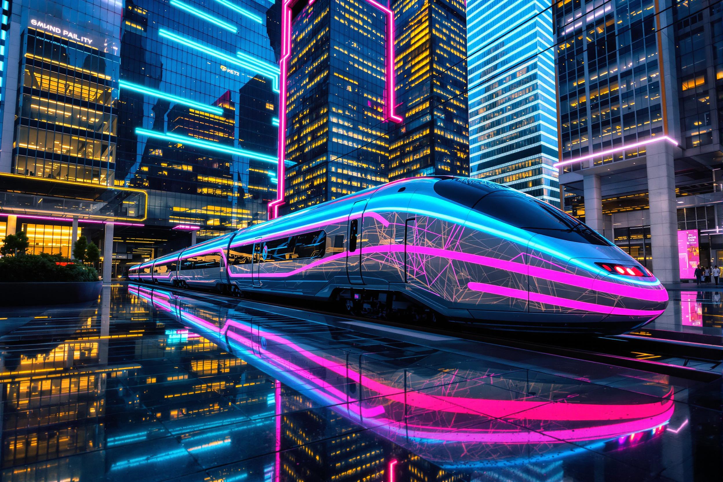 A sleek futuristic high-speed train glides through an ultra-modern city bathed in soft evening neon light. Massive glass skyscrapers illuminate the surroundings and reflect vividly on wet pavement below. The train's metallic finish mirrors bold streaks of cyan and magenta, showcasing sharp, dynamic contrasts within the bustling urban architecture.