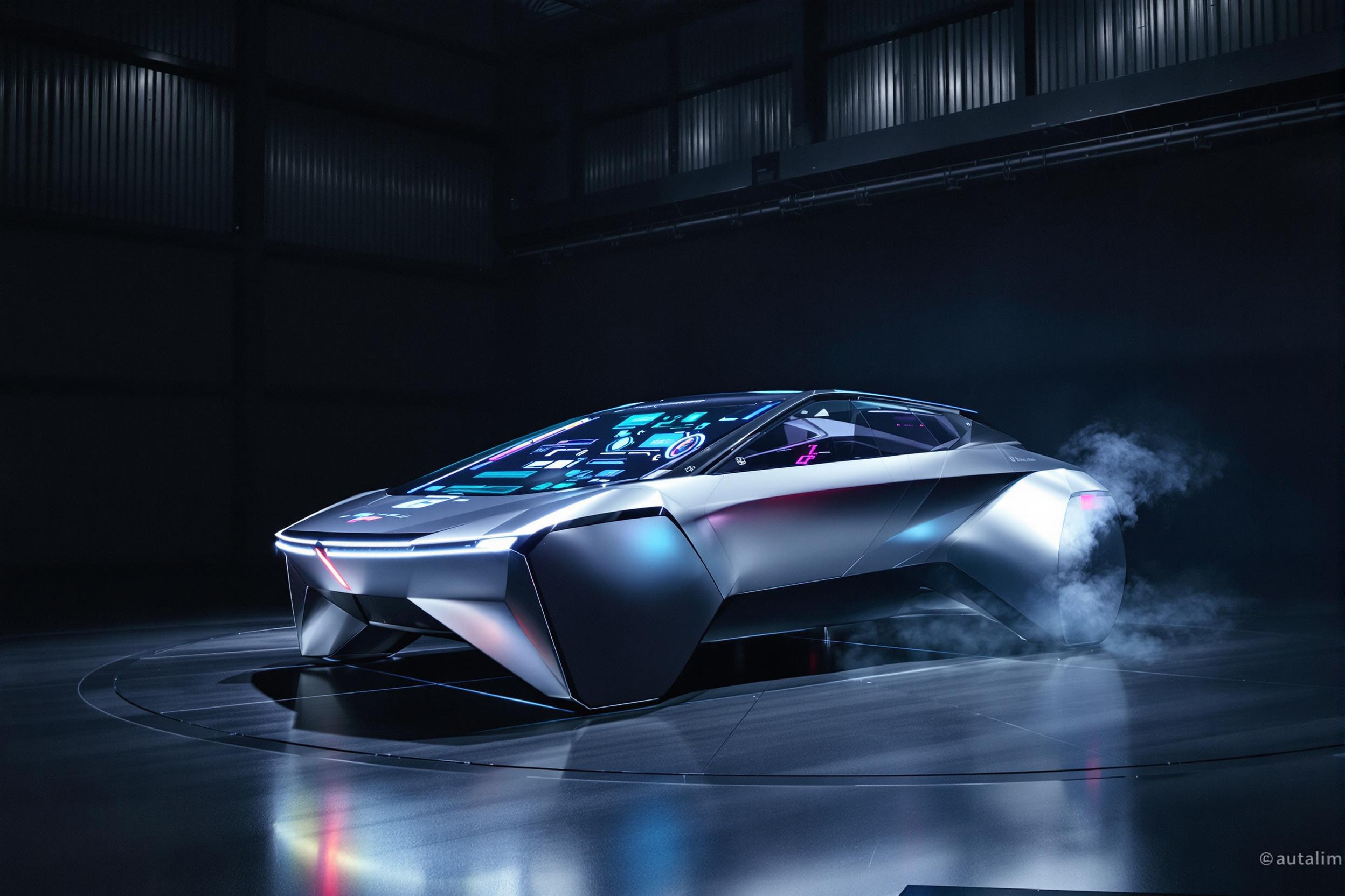 A futuristic electric vehicle displayed on a dimly lit industrial stage. Its sleek silvery body features angular, aerodynamic designs that reflect multicolor spotlights casting ambient glows across clean lines. Holographic interface projections float near its dashboard under a semi-translucent roof, accentuated by a minimalist steel background and subtle artificial haze.