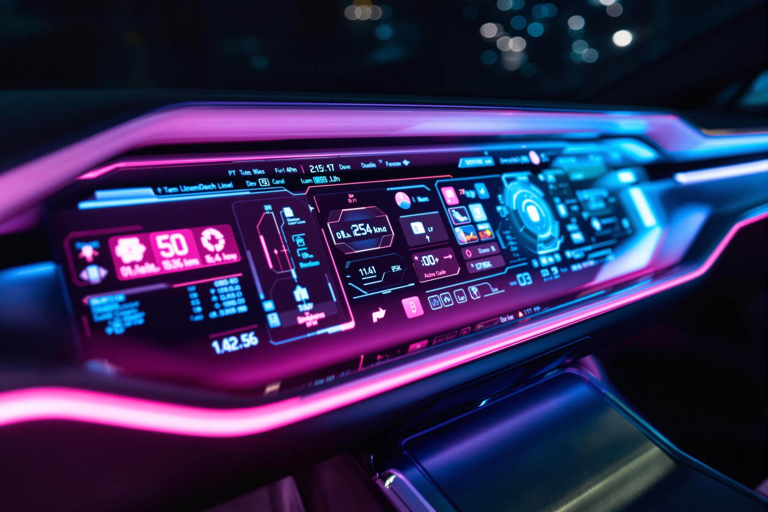 A close-up view of a futuristic electric car dashboard glowing vividly amidst dim cabin lighting. Sleek touchscreens display dynamic UI widgets in radiant cyan and pink hues. Polished metallic edges around the console subtly catch soft ambient glows. Small details like brushed textures and minor reflections over glass panels emphasize precision design.