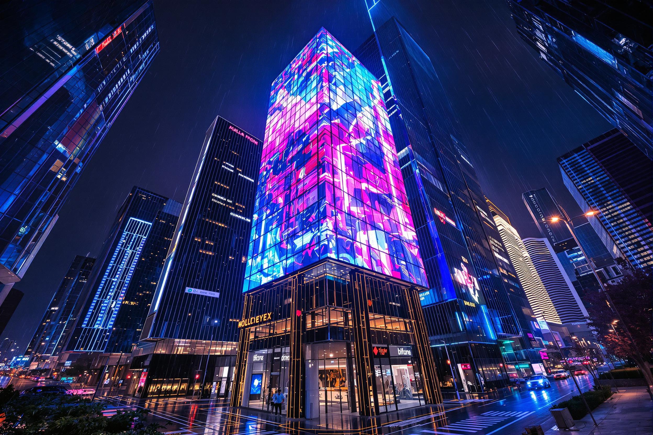 Skyscrapers soar into the night sky adorned with vibrant holographic billboards emitting electric hues of blue, magenta, and gold. A worm's-eye view captures their immense scale while rain-slicked streets below reflect the neon glow. Drones hover between buildings, adding motion to this high-tech, immersive cityscape.