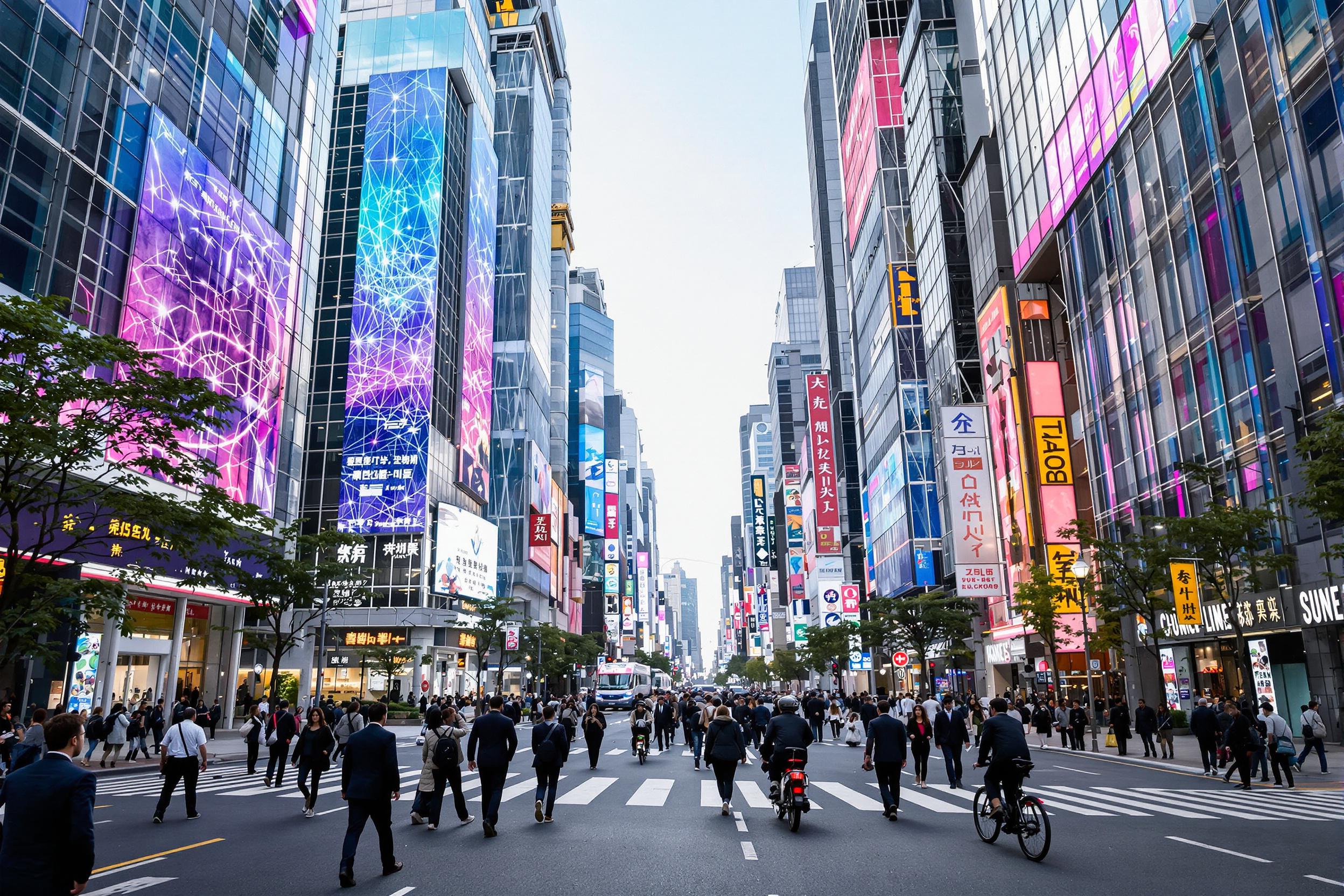 A bustling futuristic street framed by ultra-modern skyscrapers displays dynamic holographic billboards and neons bathing thoroughfares radiant cyan/purple/pink gradients crowded suits occasional freely e-bike cyclist mingling commuters lends aesthetic dreamily motion lights. 