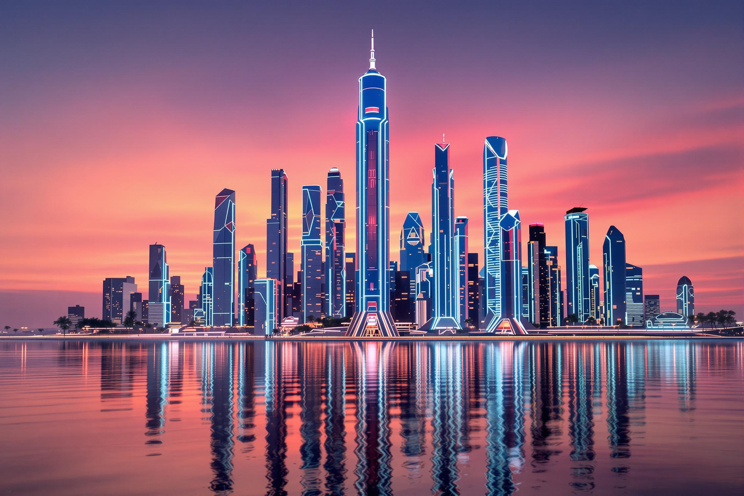 A utopian futuristic city glows under a radiant sunset. Sleek skyscrapers of glass and steel rise dramatically, their illuminated outlines creating reflections on a tranquil water surface below. The skyline's symmetry is emphasized by the calm mirror-like water. Amber and pink skies blend seamlessly with the neon-lit structures, embodying serene progress.