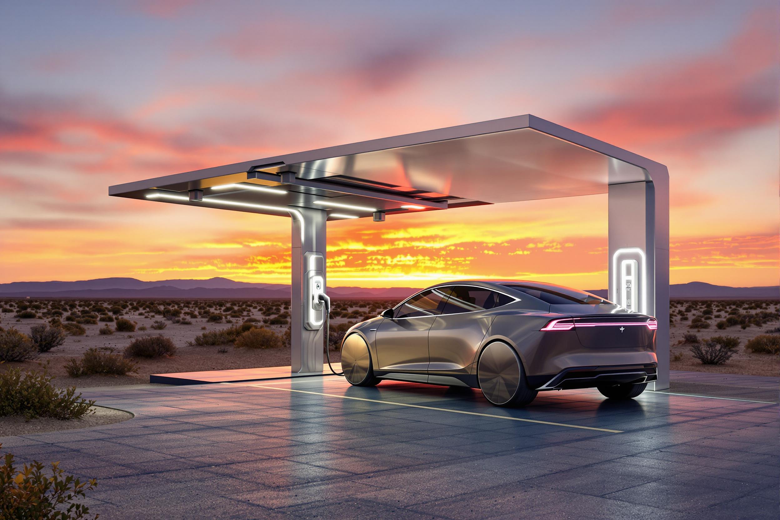 A sleek electric vehicle charges silently at an ultra-modern solar-powered station in a remote desert. The setting sun casts warm orange and pink hues across the horizon while artificial white light illuminates the charging port. Reflective metallic surfaces enhance the futuristic ambiance. Sparse desert plants add subtle contrasts.