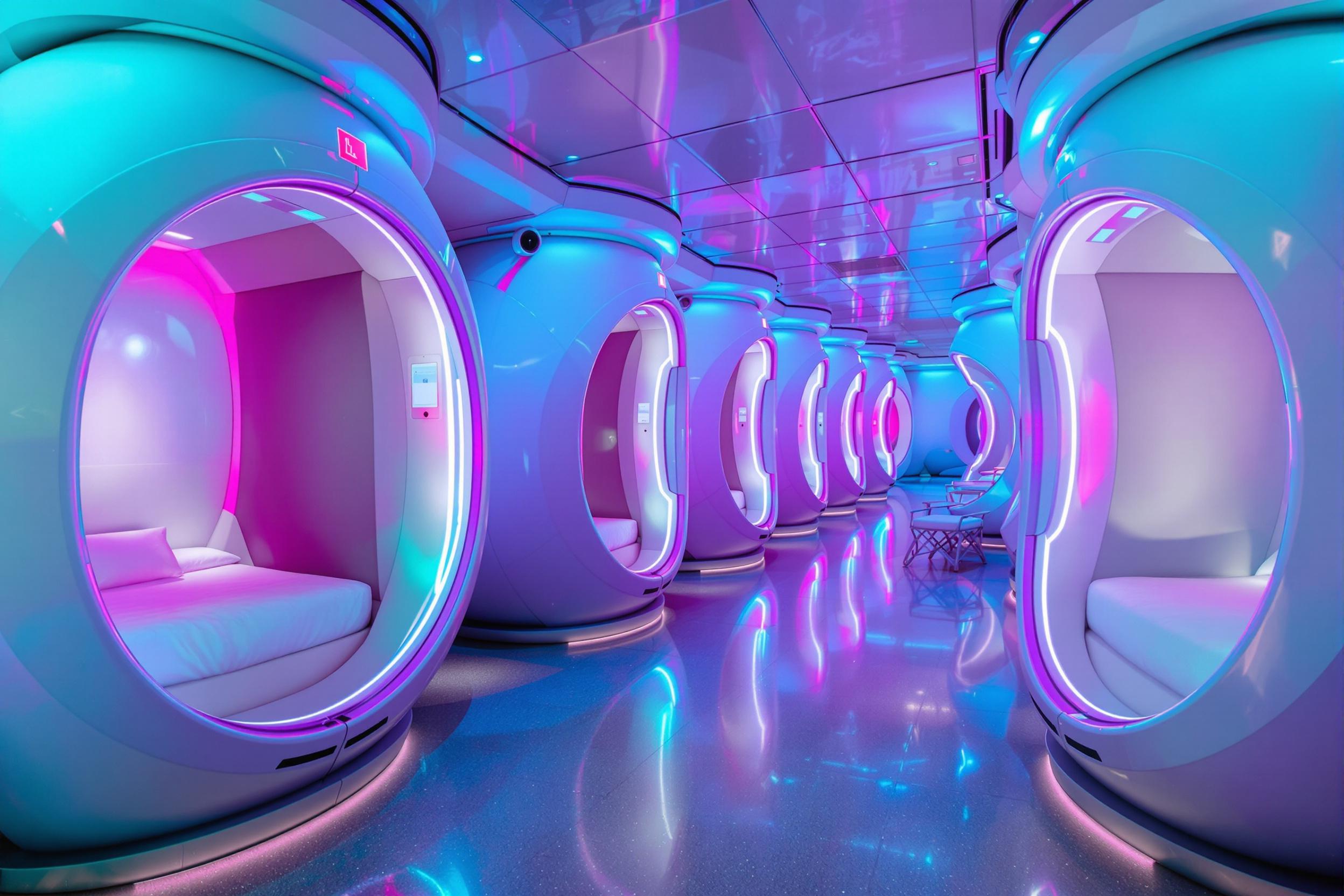 Inside a futuristic pod hotel room bathed in neon hues of blue and pink, compact sleeping chambers line the walls symmetrically. Soft ambient glows highlight sleek, curved designs and built-in screens. Plush bedding and subtle reflections on metallic surfaces enhance a tech-savvy yet calming atmosphere.