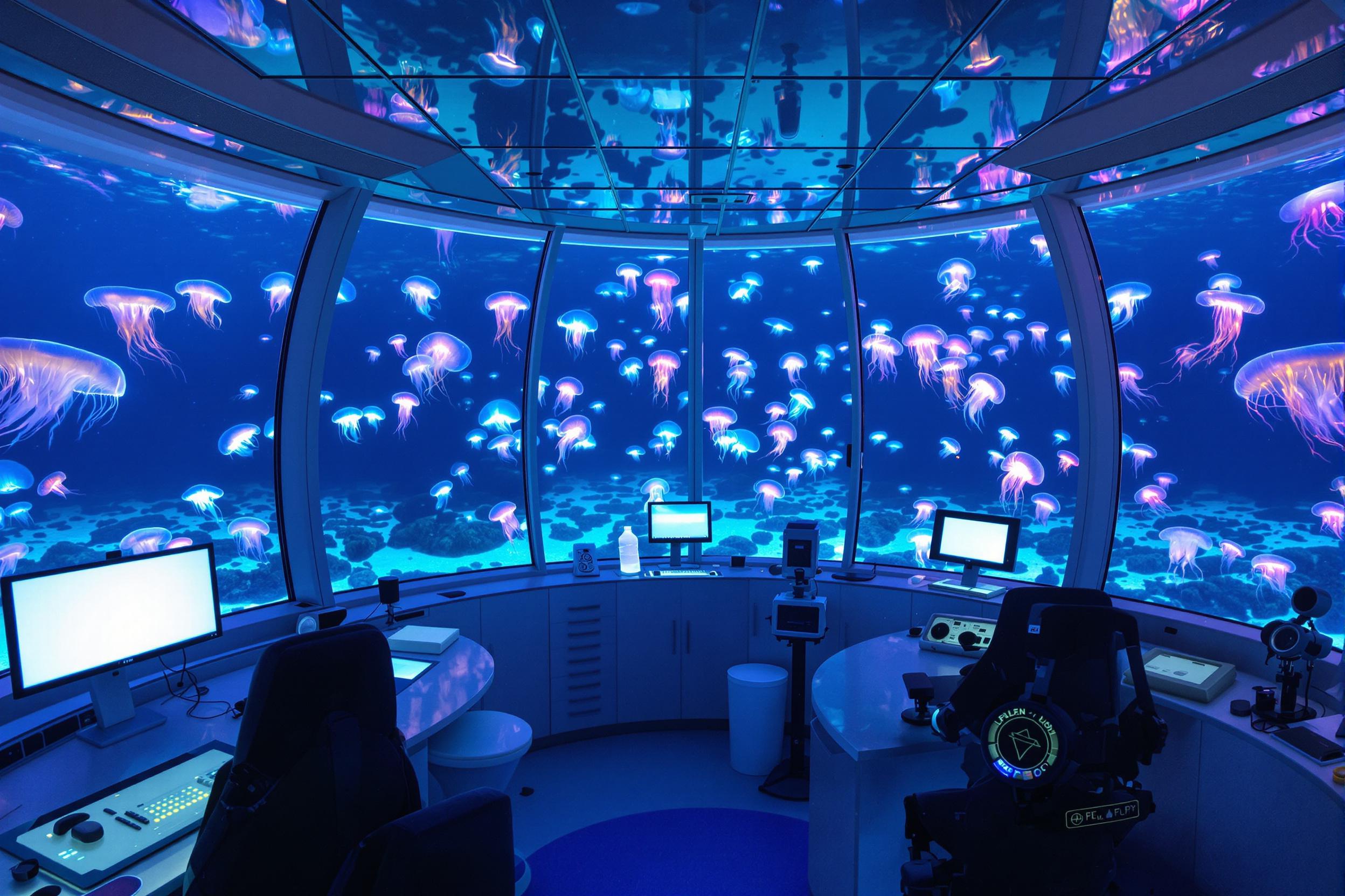 Inside a cutting-edge underwater research lab, glowing screens and sleek workstations face large observation windows showing an aquatic expanse. Bioluminescent jellyfish drift beyond, their neon-hued tendrils mirrored faintly on glass walls. Cool tonal lighting blends softly with radiant marine glows, adding surreal ambiance.