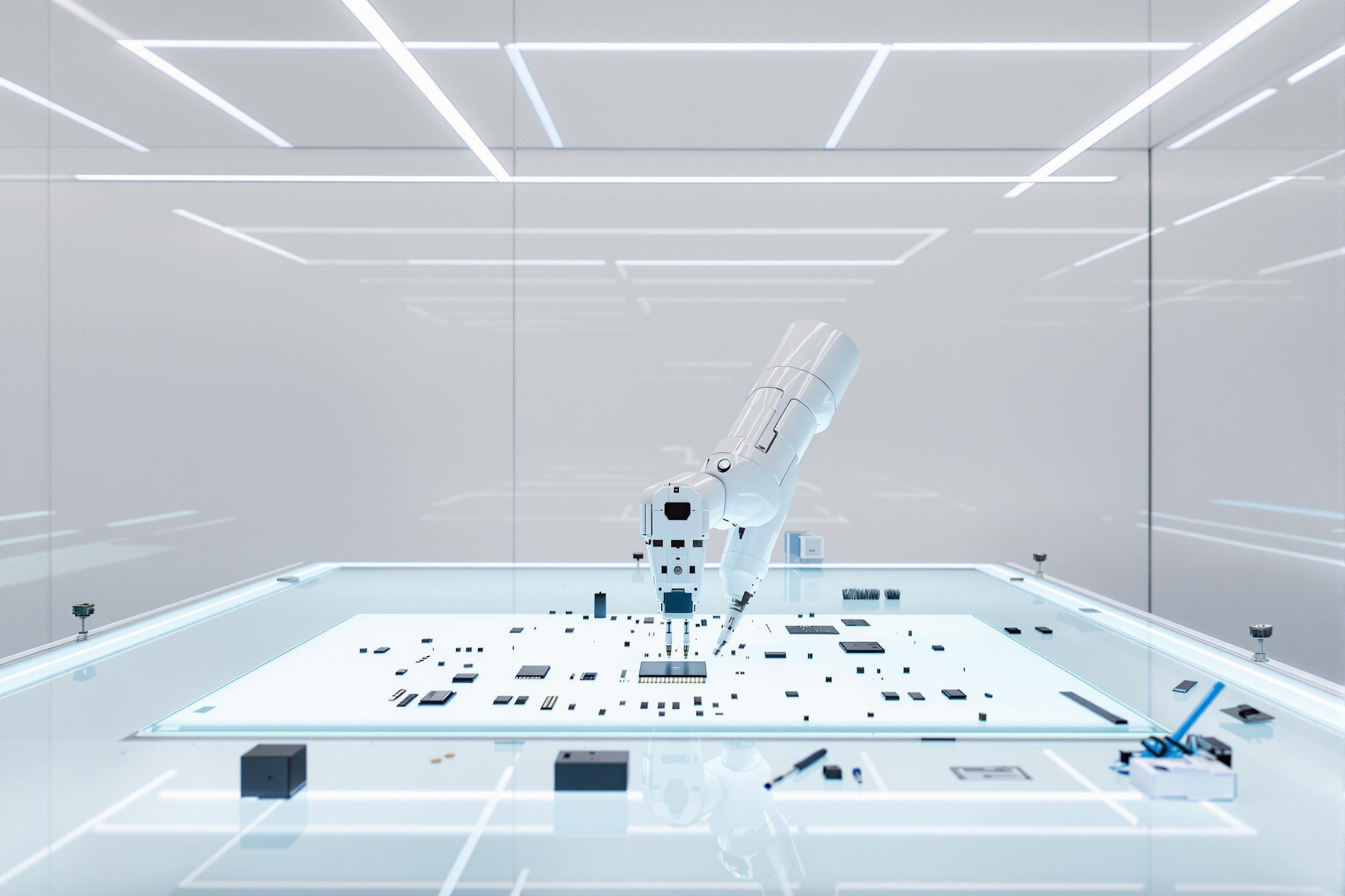 A futuristic laboratory features a sleek robotic arm assembling microchips on a glowing, transparent tabletop. LED strips emit soft blue lighting that reflects off glossy white walls, creating a clean and sterile atmosphere. Minimalist design enhances the high-tech vibe, with scattered tools and components adding subtle detail to the ultra-modern scene.