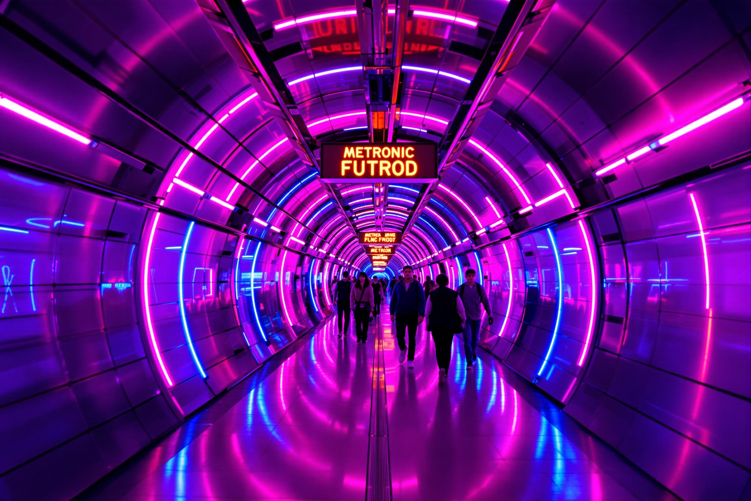 A futuristic metro tunnel, awash in vibrant neon lights of pink, blue, and purple, stretches into the distance framed by sleek metal walls and glowing signage. People walk briskly along polished floors reflecting the vivid lights, their movements adding dynamic energy to this immersive, symmetrical urban scene.