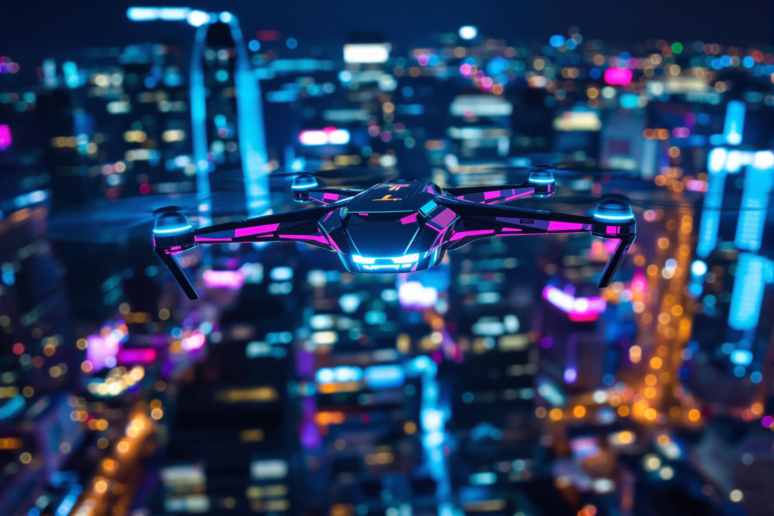 A sleek, futuristic drone captured mid-flight above an illuminated cityscape at night. Sharp, metallic edges reflect vibrant neon lights in shades of blue, pink, and purple. Blurred skyscrapers create a dynamic backdrop, while glowing propellers suggest silent motion. The worm’s-eye perspective enhances its advanced technological design.