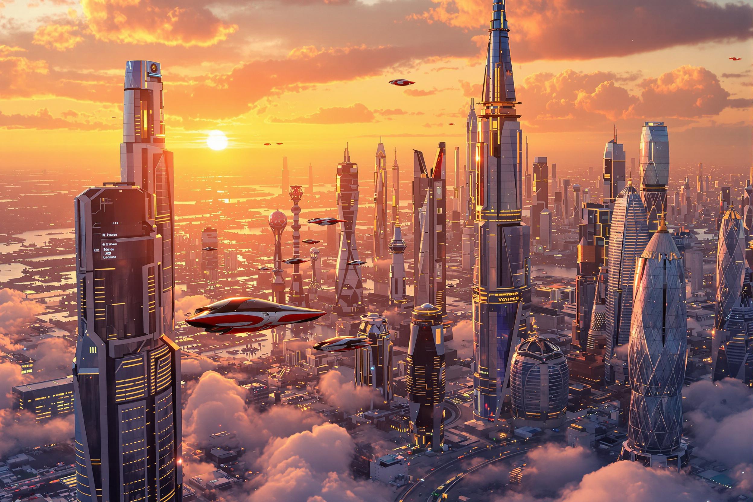 A breathtaking 3D render of a futuristic cityscape at sunset, showcasing sleek skyscrapers and flying vehicles. The warm orange glow reflects off glass facades, creating a vibrant atmosphere.