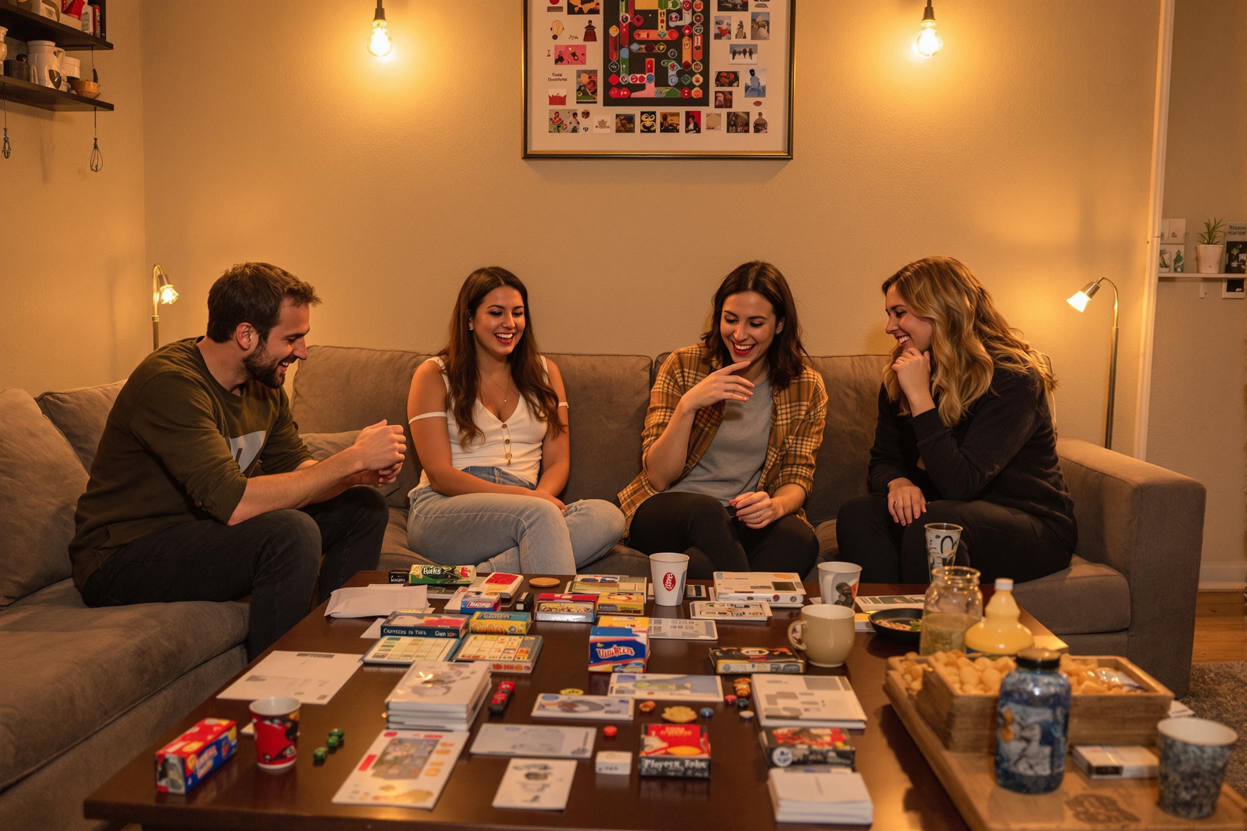 A lively game night unfolds in a cozy living room where four friends gather around a coffee table filled with board games. Warm overhead lights illuminate their excited expressions as they strategize their next moves. Snacks and drinks are scattered about, contributing to an inviting atmosphere of laughter and friendly competition.