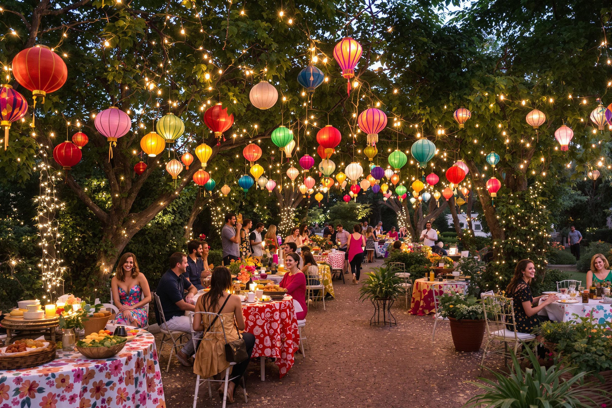 A vibrant outdoor garden party elegantly unfolds as dusk settles in. Colorful lanterns hang from trees, shimmering alongside warm string lights that illuminate the path. Tables adorned with bright tablecloths and delicious dishes invite guests to mingle under the stars, while laughter and chatter fill the air, capturing the joyful spirit of the celebration.