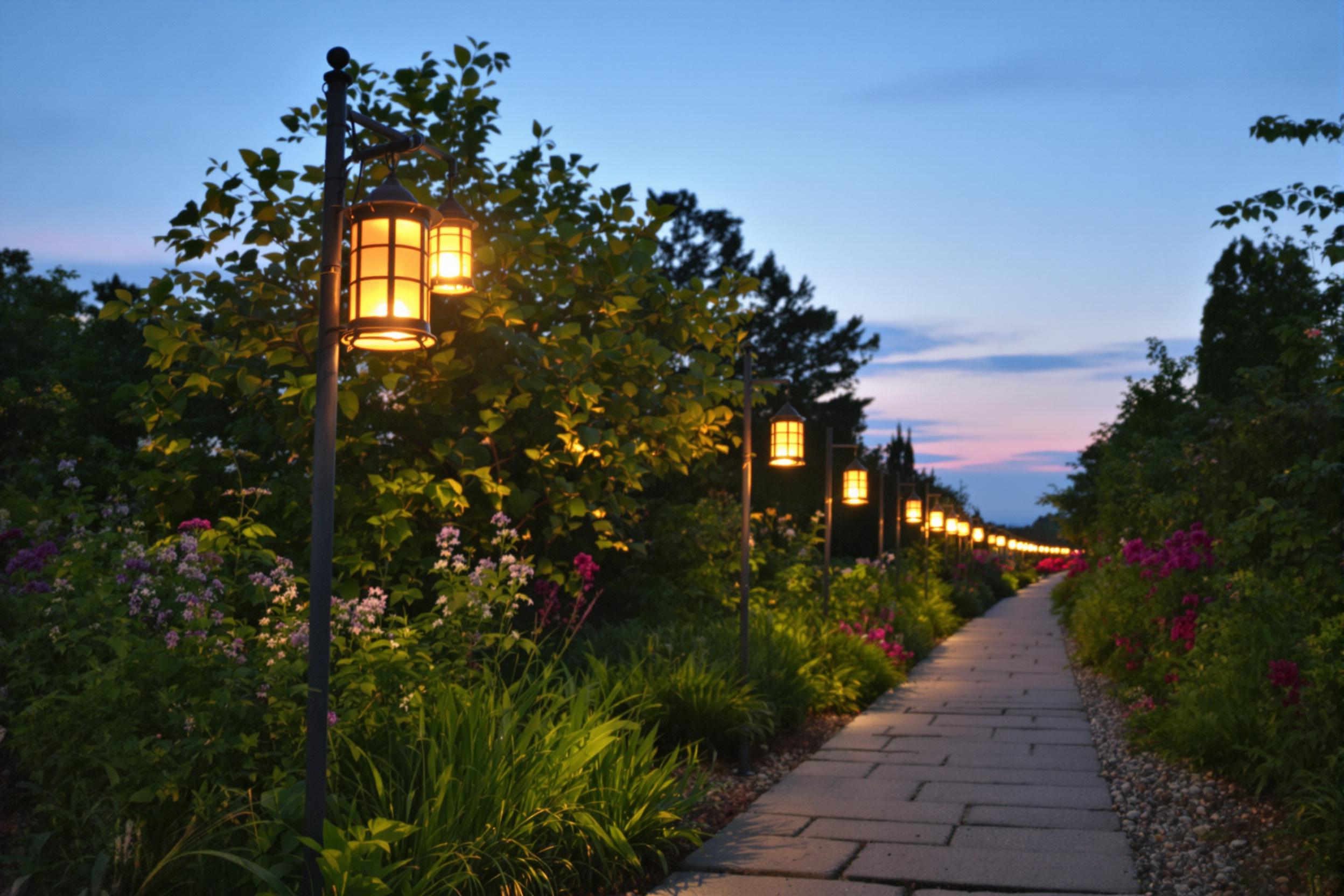 A serene garden pathway unfurls beneath a gentle twilight sky, softly illuminated by hanging lanterns. Each lantern casts a warm, inviting glow, highlighting lush greenery along the stone path. Delicate flowers bloom at the edges with vibrant colors against the deepening blue of the evening. Tufts of grass and small pebbles add texture to the ground, creating a tranquil visual journey.