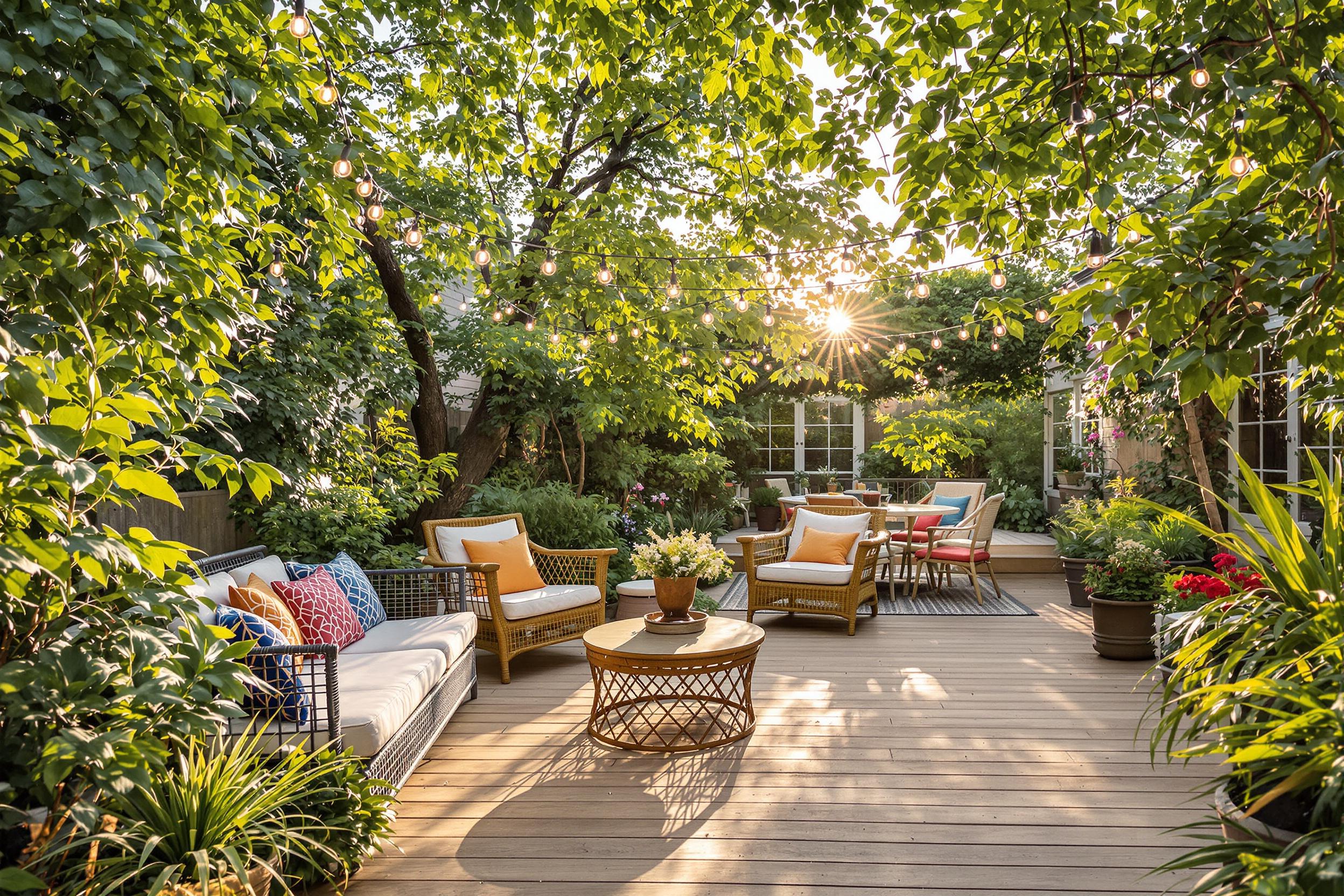 A charming garden terrace comes alive in the early evening glow. Soft string lights drape overhead, while lush greenery frames cozy seating areas where throw pillows add a splash of color. The golden sunlight filters through leaves, casting playful shadows on an inviting wooden deck. Potted plants enhance the tranquil ambiance, creating a perfect retreat for relaxation.