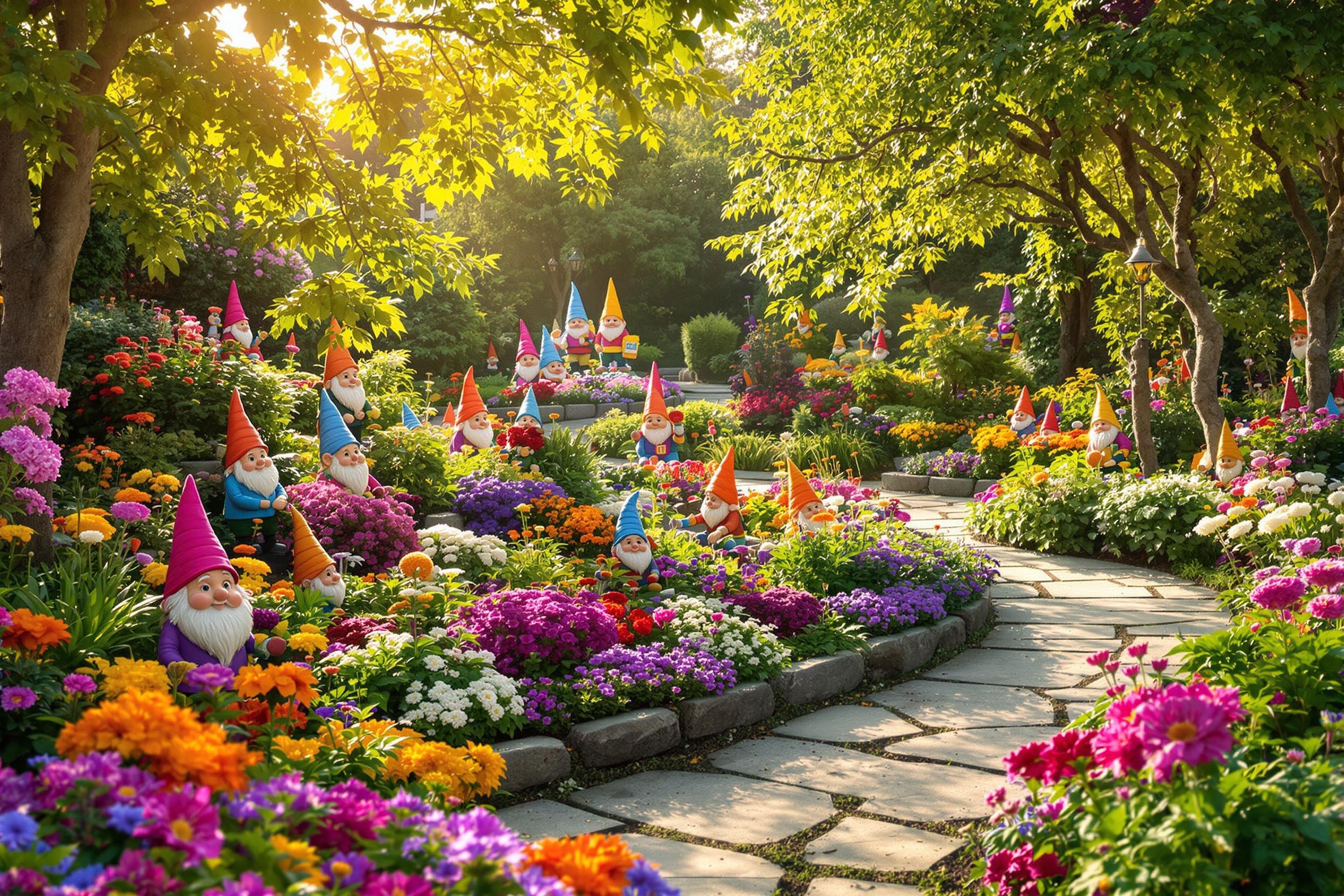 A whimsical garden bursts with color under the warm glow of late afternoon sunlight. Eclectic garden gnomes, painted in bright hues, are playfully scattered among lush flower beds filled with vibrant blossoms. A winding stone path invites exploration, while sun-dappled leaves rustle gently overhead, enhancing the enchanting atmosphere.