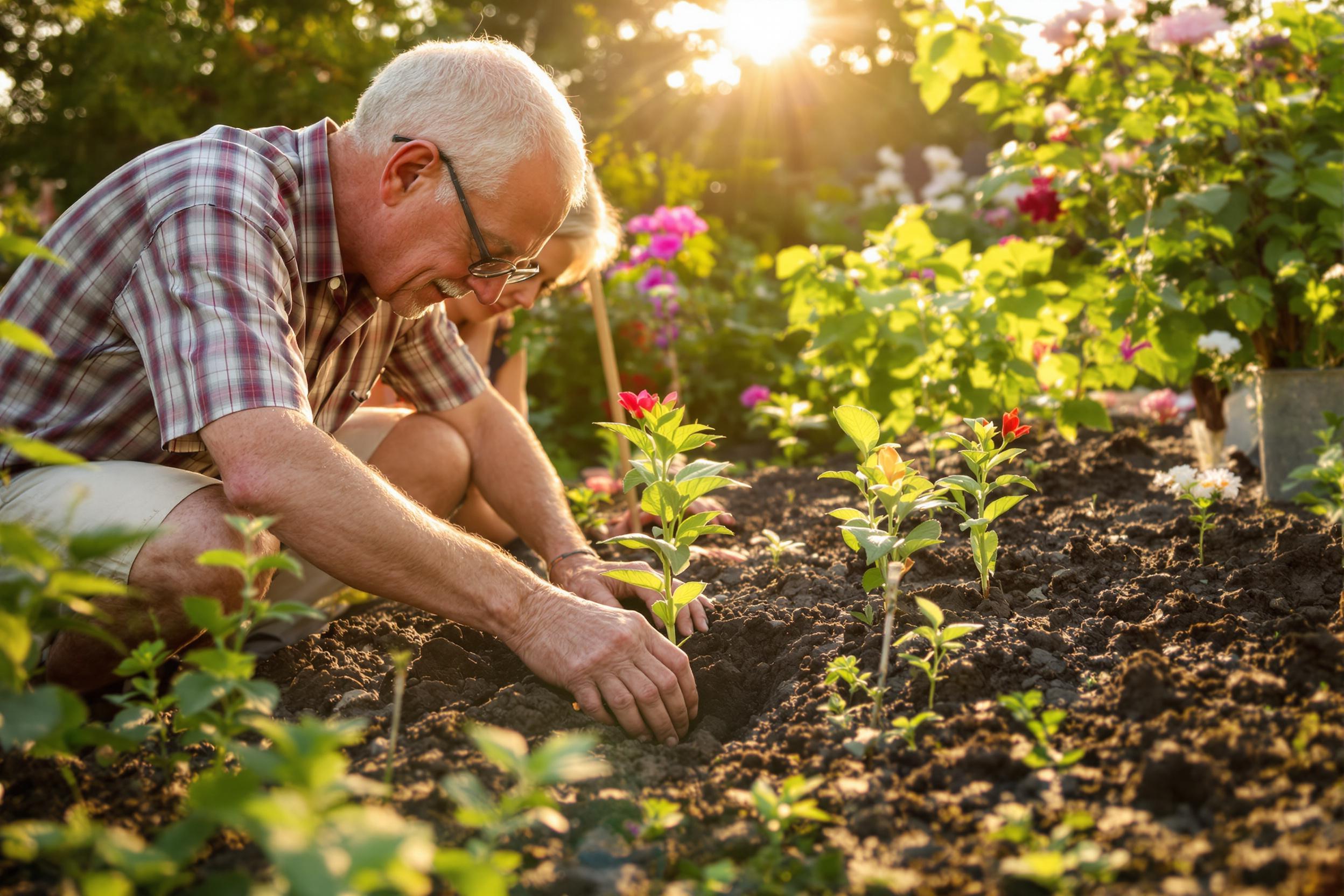 An elderly couple shares a tender moment while tending to their vibrant backyard garden. Bathed in the warm glow of early evening sunlight, they gently plant seedlings alongside blooming flowers. Their hands work skillfully through rich soil, surrounded by lush green foliage that enhances the intimate garden setting.