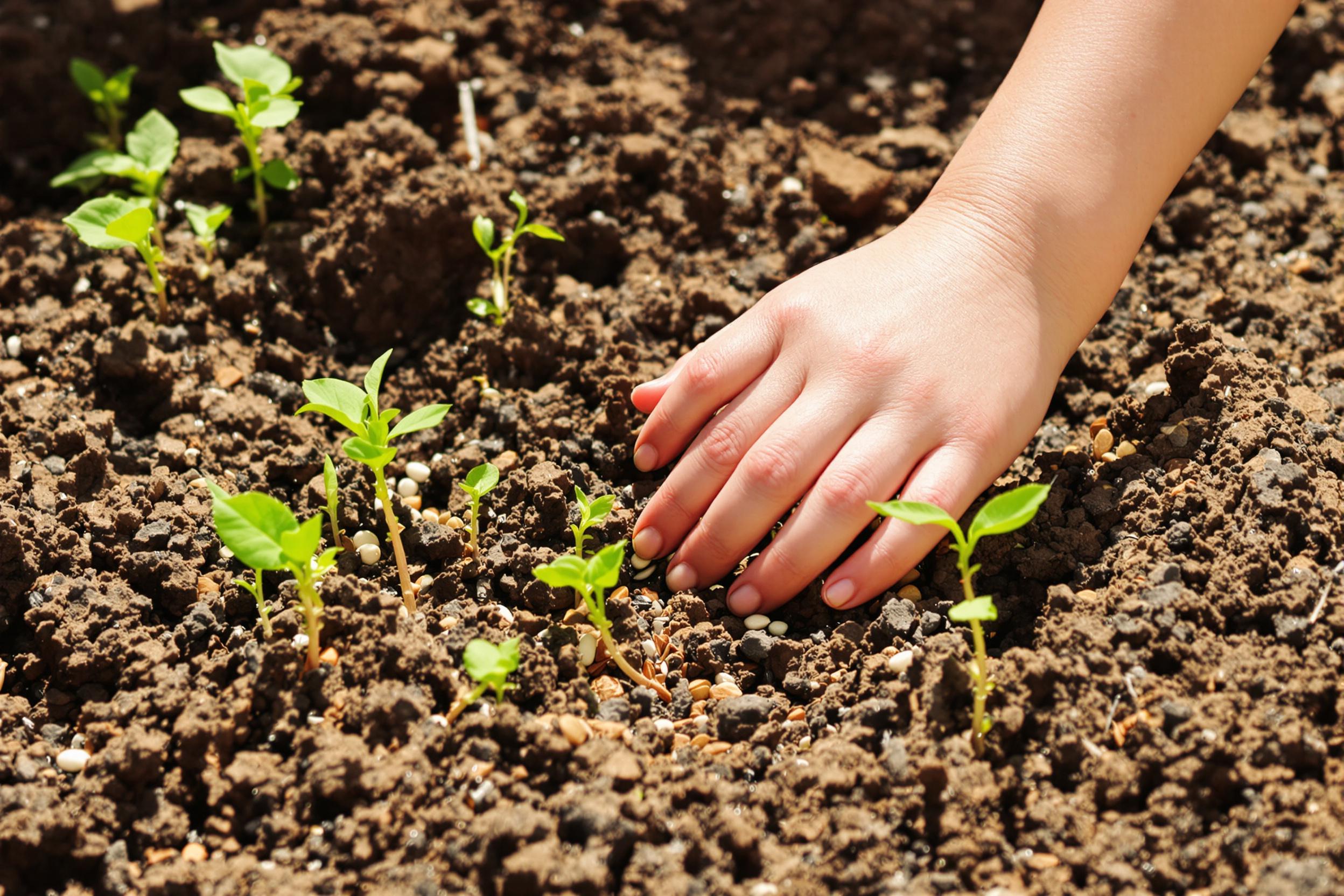 A close-up captures a child's small hand gently placing seeds into nutrient-rich soil within a lush garden. Sunlight filters down, illuminating the earthy brown textures of the soil and contrasting them against the delicate green sprouts emerging nearby. The child's hand reveals joy in nurturing nature, emphasizing the bond between growth and care.