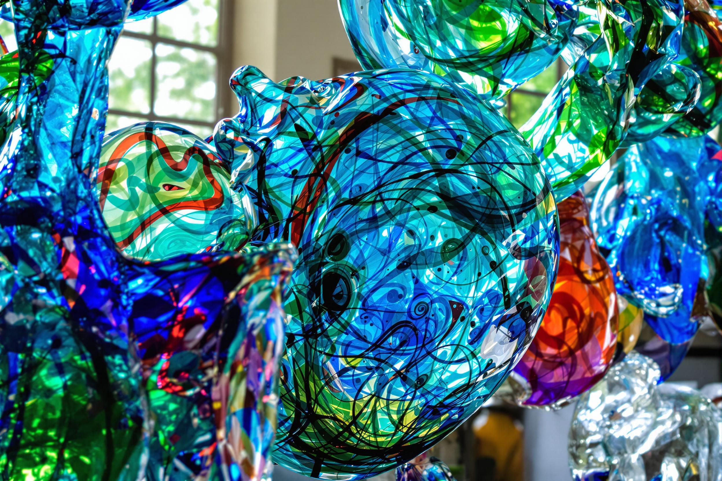 A vibrant close-up captures intricate glass art pieces displayed in an artisan studio. Vivid hues of blue, red, and green swirl elegantly within the transparent textures. Soft, natural light filters through nearby windows, illuminating the delicate patterns and reflections on the glass surfaces. Details of craftsmanship are highlighted, evoking a sense of wonder at the artistry involved.