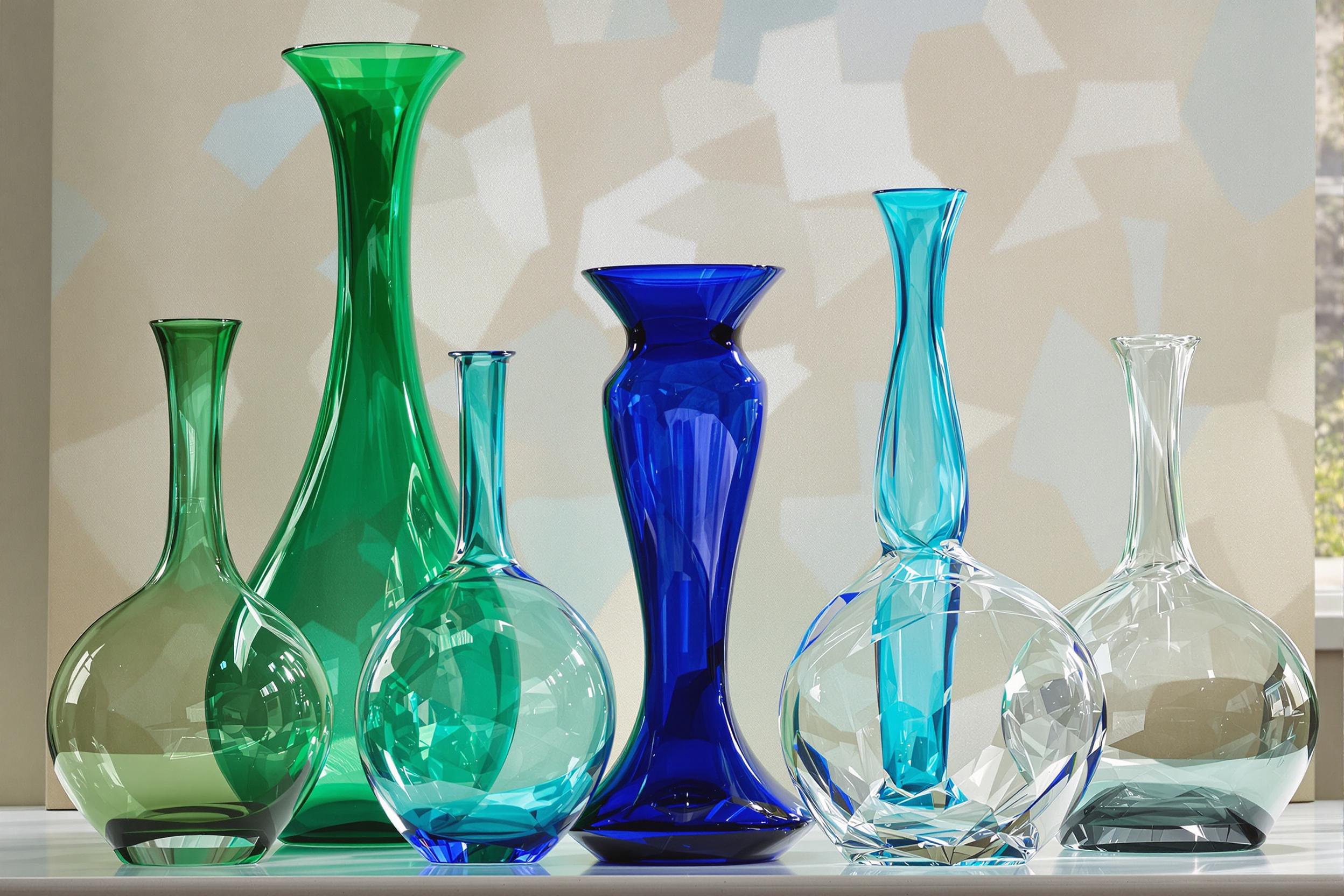 A collection of elegant glass-blown vases stands gracefully against an abstract pale canvas backdrop. The vases vary in shape and height, showcasing hues of emerald green, cobalt blue, and crystal clear glass. Soft afternoon light filters through a nearby window, casting gentle reflections and emphasizing the intricate details of each piece, creating a sense of artistry and refinement.