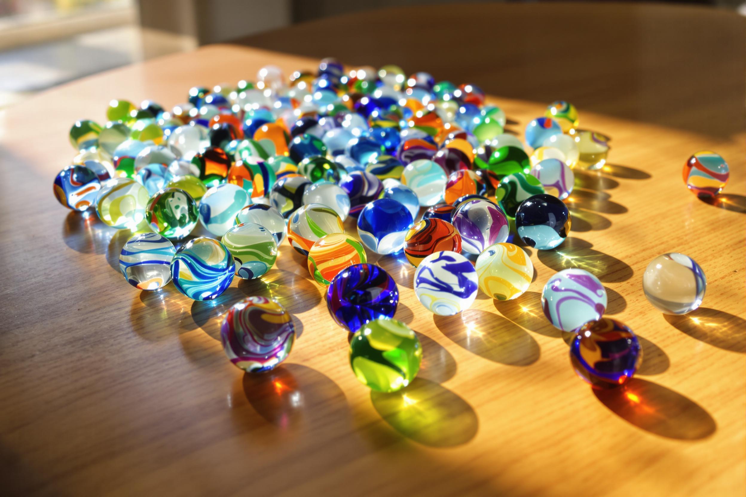 Glimmering glass marbles scatter across a sunlit surface, showcasing an array of vibrant colors and intricate swirls. Soft morning light filters through a nearby window, illuminating the translucent surfaces and creating gentle reflections. The warm wooden tabletop enhances the varied textures, inviting exploration of their captivating designs.