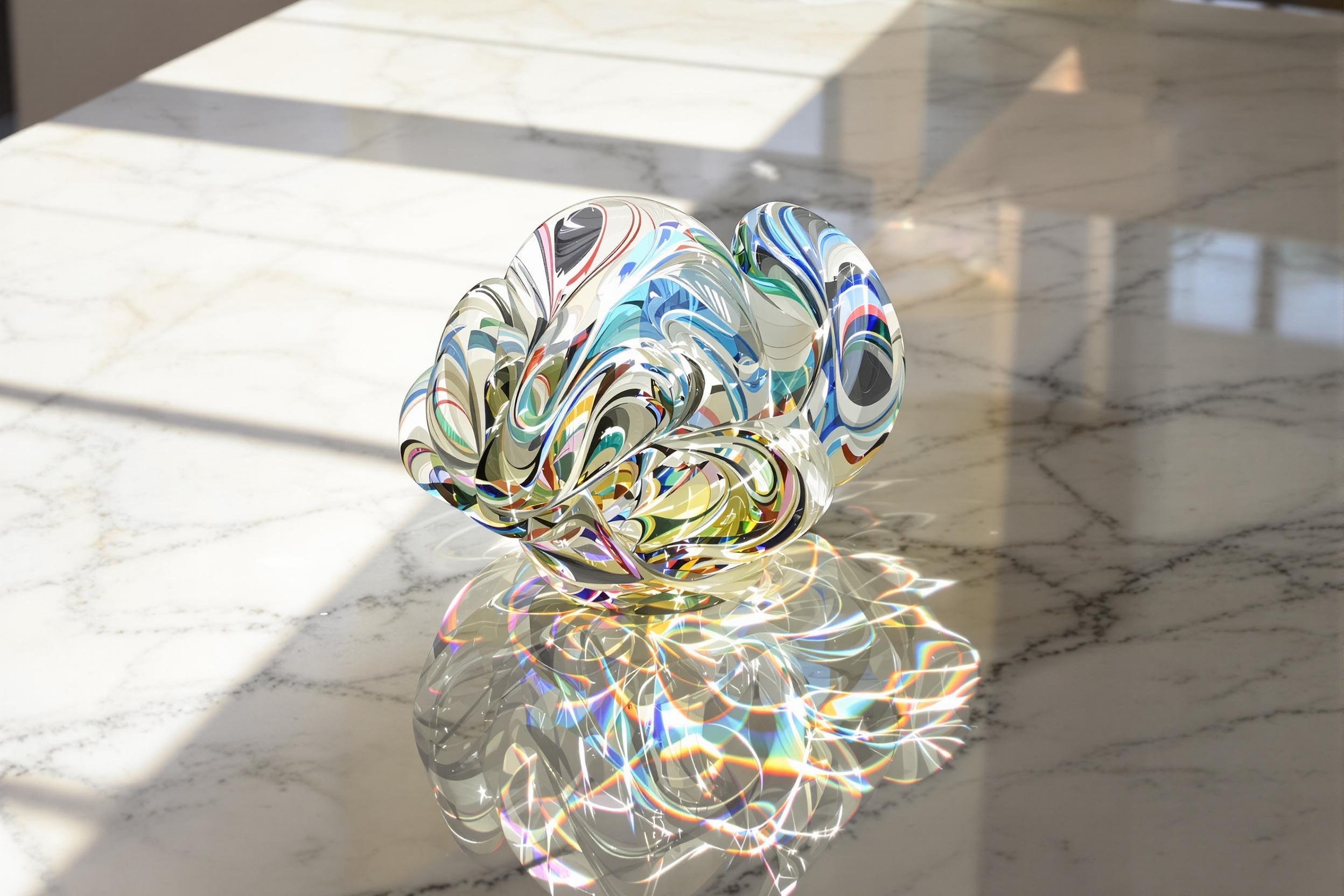 A stunning glass sculpture rests on a polished marble countertop, illuminated by bright midday sunlight. The intricate design features swirling patterns that catch the light, creating a dazzling array of colors reflected onto the surface beneath. Soft shadows play around the base, enhancing the craftsmanship's elegance and depth. This work of art radiates a captivating luminosity.