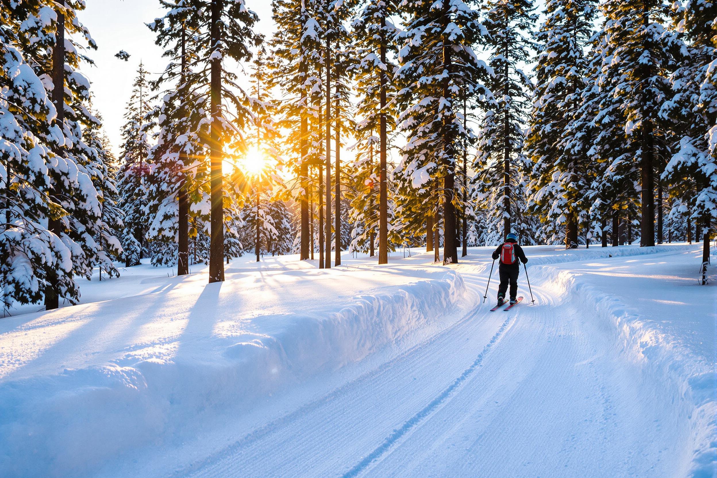 A cross-country skier glides along a winding trail through a snow-covered pine forest at golden hour. Sunlight filters warmly through towering evergreens, casting diffused shadows over untouched snowbanks. The scene captures the skier’s dynamic motion against the serene winter backdrop, with soft details of their trail blending into the pristine wilderness.