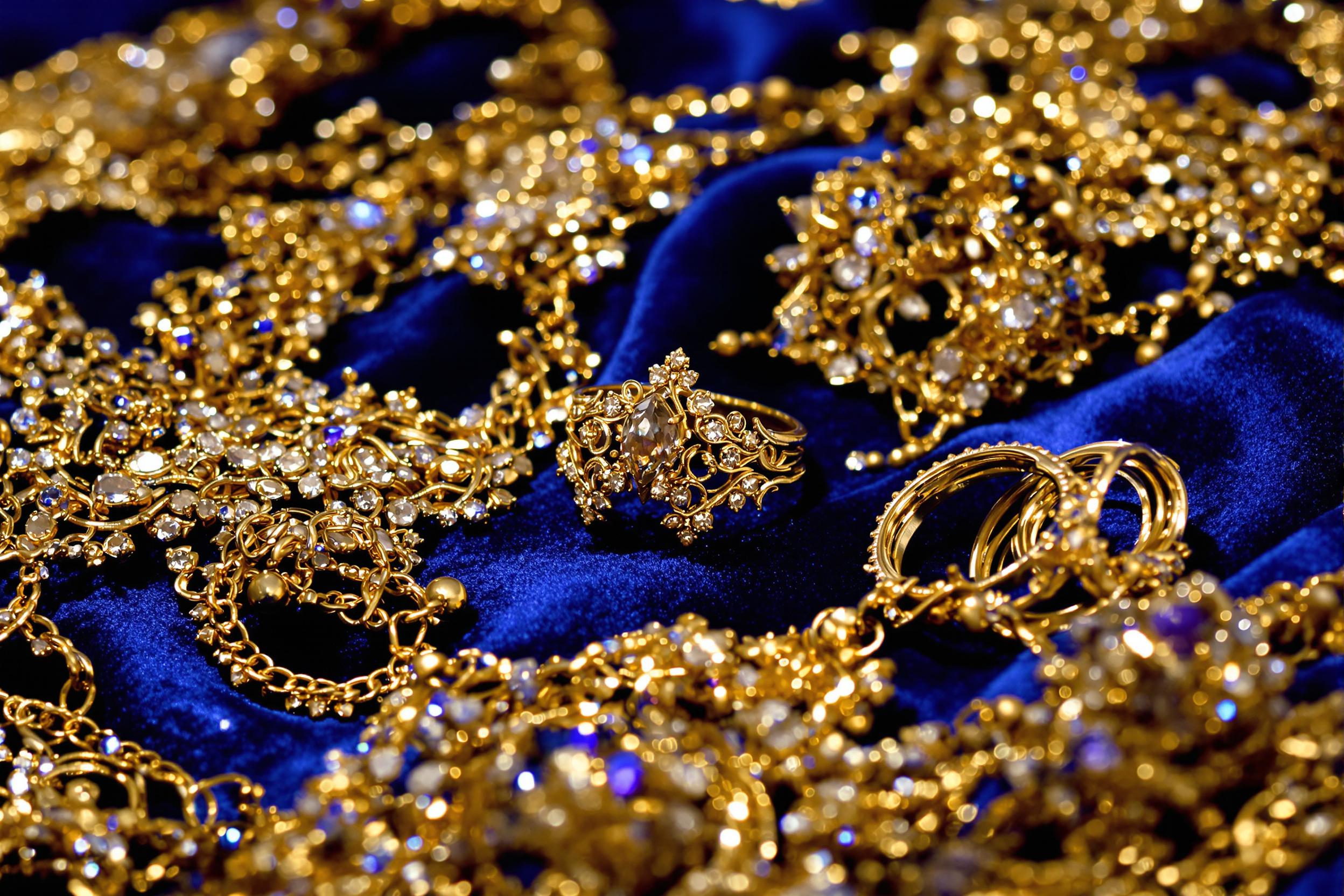 A close-up view of intricate golden jewelry elegantly laid upon deep royal blue velvet. The shimmering pieces include ornate necklaces, delicate rings adorned with gemstones, and earrings that catch the light. Dramatic spotlighting creates soft reflections, enhancing the luxurious appeal while the rich fabric offers a contrasting backdrop that highlights the artistry.