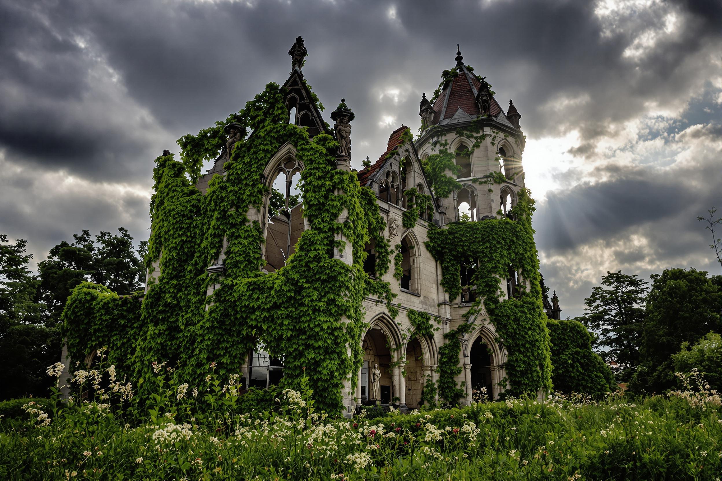 A crumbling Gothic-style mansion stands shrouded in mystery, its pointed arches and ornate stonework draped in lush green ivy. Sunlight pierces through heavy clouds, softly illuminating gargoyle statues and broken windows. In the foreground, unkempt grass and wildflowers encircle the ruins, heightening a haunting sense of time’s passage.