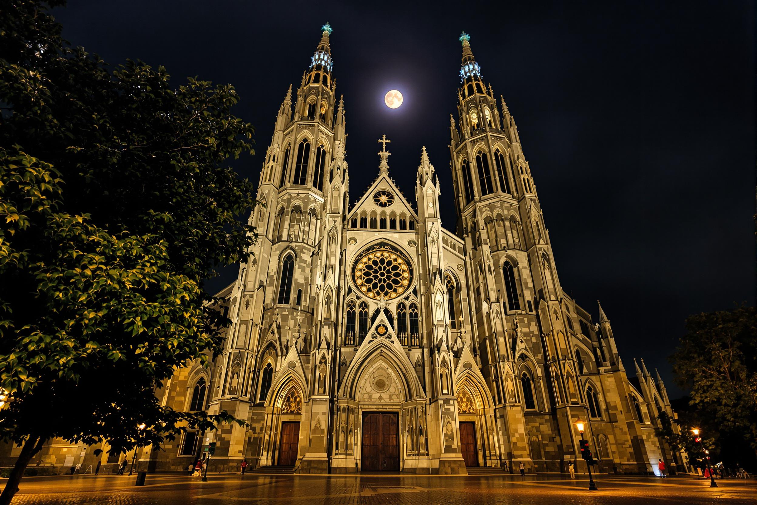 A majestic gothic-style cathedral stands tall beneath a full moon, with detailed stone carvings illuminated against the night sky. The intricate facade features pointed arches and towering spires, casting delicate shadows on the cobblestone ground. Lush trees frame the foreground, providing depth and enhancing the tranquil atmosphere of this historical setting.