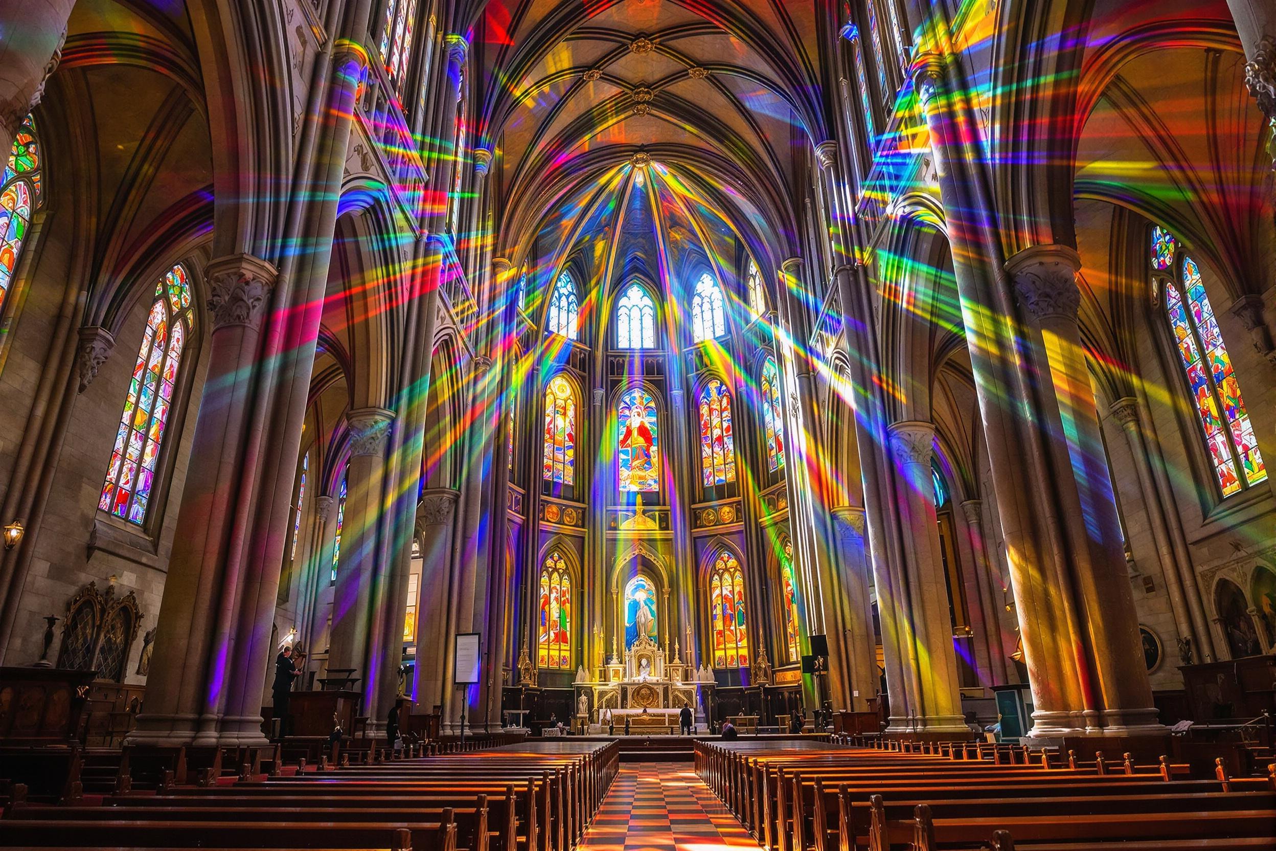 The vast interior of a gothic-style cathedral glows under cascading sunlight piercing through intricate stained-glass windows. Multicolored beams paint vivid patterns across stone columns and wooden pews below. High vaulted ceilings with ornate carvings draw the eye upwards towards dazzling celestial murals, accentuating a timeless spiritual ambiance.