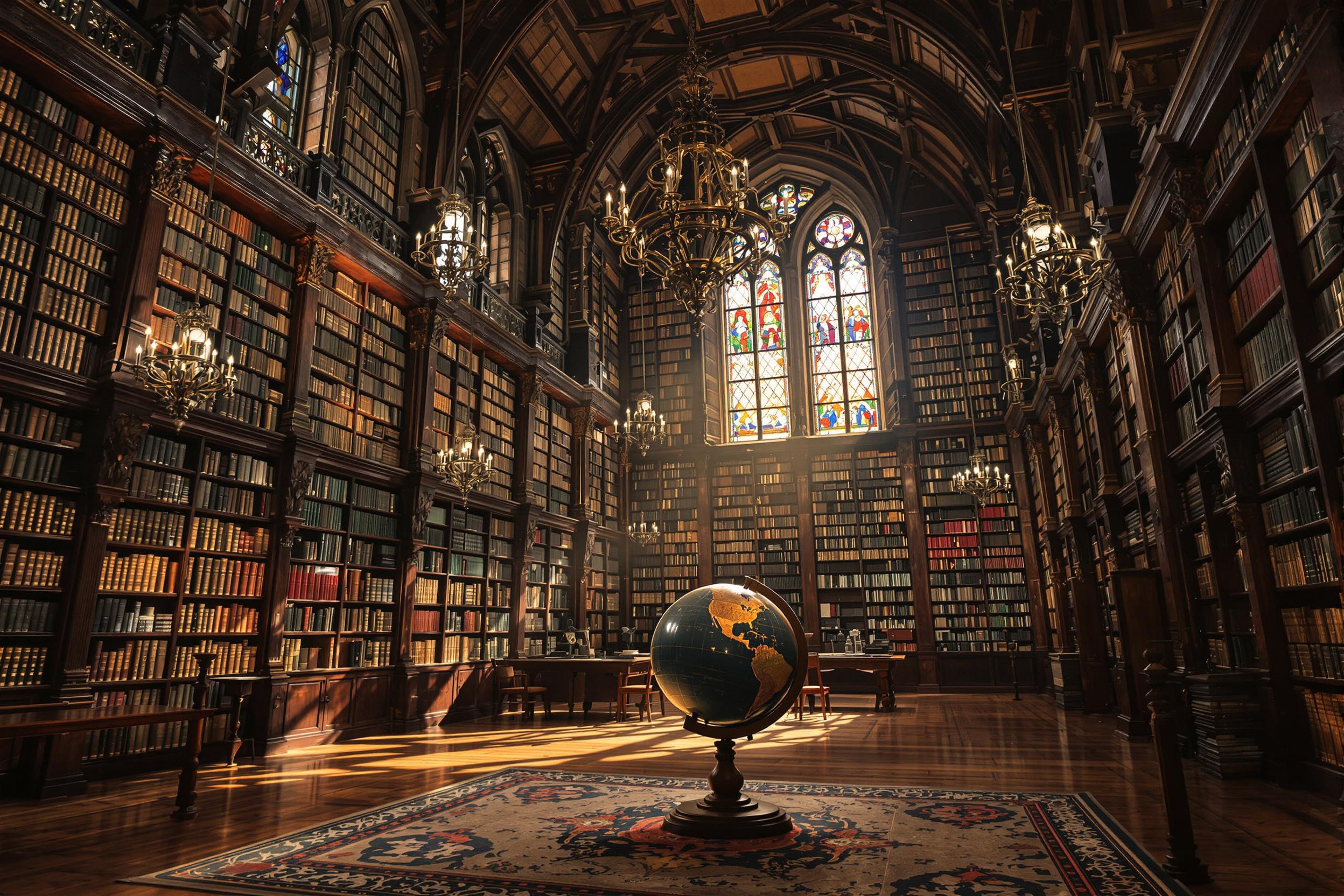 A majestic, gothic-style library fills the frame, its towering shelves brimming with ancient tomes. Soft, diffused sunlight streams through stained-glass windows, casting colorful patterns on the polished wood floor. Ornate chandeliers hang from the high ceiling, adding warmth to the inviting atmosphere. A large globe rests in the center of the room, enticing visitors with adventure.