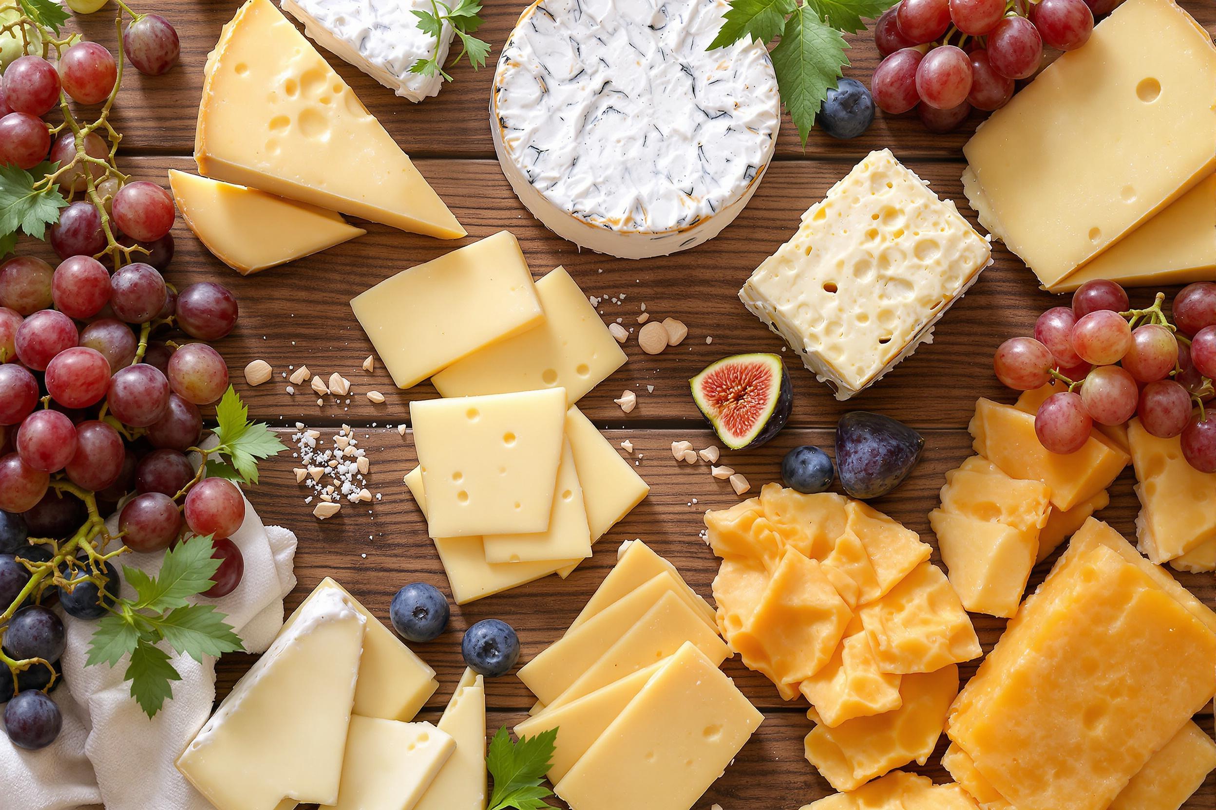 An exquisite flat lay captures a selection of gourmet cheeses and seasonal fruits arranged artfully on a rustic wooden table. Various types of cheese showcase distinct textures, from creamy Brie to sharp cheddar, complemented by vibrant grapes and figs that add pops of color. Soft, diffused natural light enhances the richness of the cheese palette, creating a visually inviting composition.