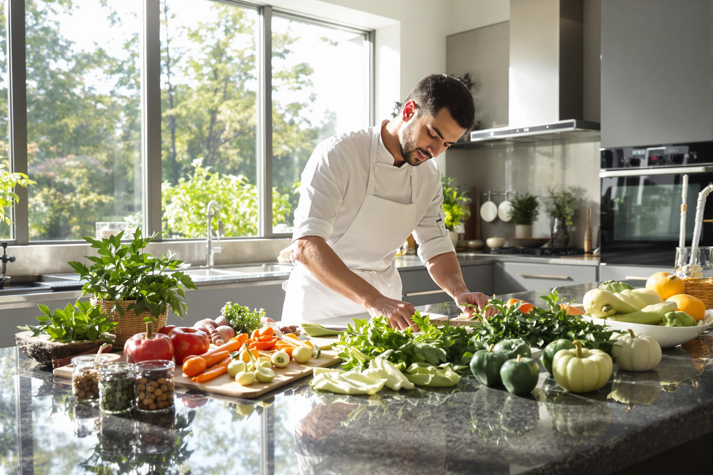 In a sleek, contemporary kitchen, a talented chef meticulously arranges fresh ingredients on a polished countertop. The afternoon light streams through large windows, illuminating sprigs of herbs and vibrant vegetables laid out for a culinary masterpiece. The chef, donned in a crisp white apron, exudes focus as they prepare for cooking. High-end appliances gleam in the background, completing this gourmet scene.