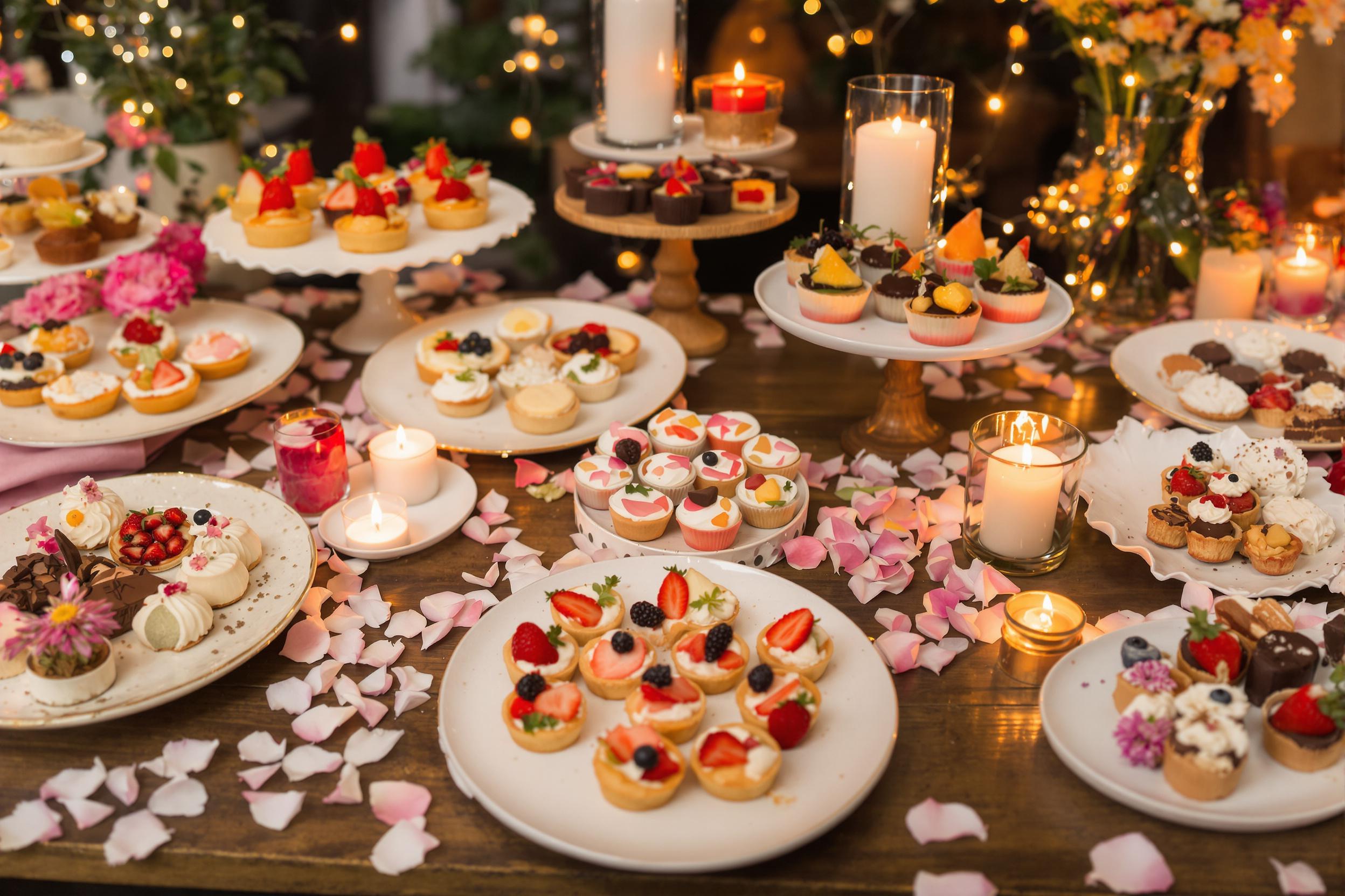 A beautifully arranged gourmet dessert spread adorns a rustic wooden table. Elegant plates present an array of colorful pastries, mini tarts topped with fresh fruits, and artisanal chocolates, illuminated by glowing candles and twinkling fairy lights. Soft flower petals create an inviting ambiance, enhancing the delectable offerings.