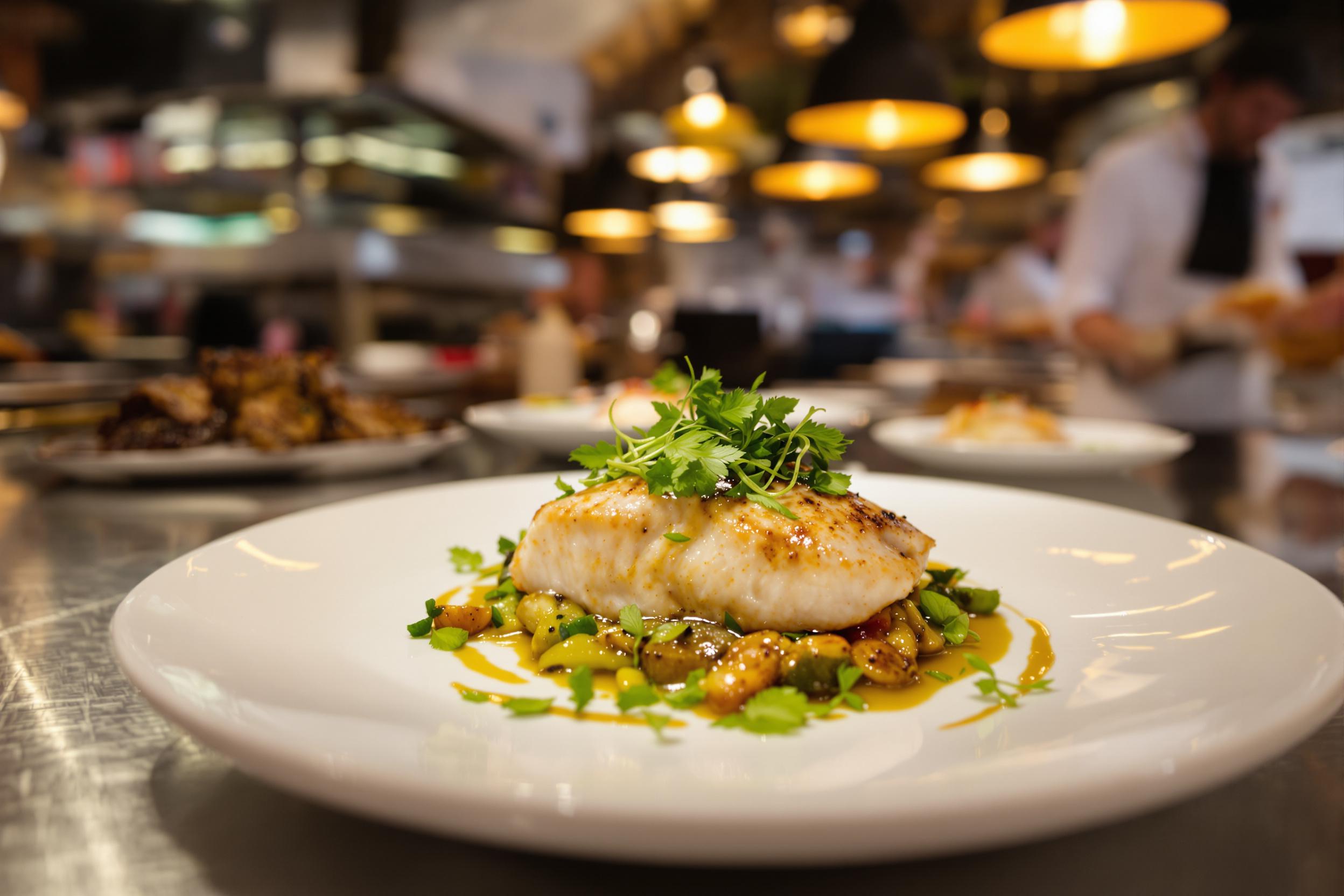 An upscale restaurant kitchen glows under warm overhead lights as a chef meticulously plates a gourmet dish. Vibrant green herbs are delicately arranged atop a beautifully seared piece of fish, surrounded by a drizzle of rich sauce. The glossy sheen of roasted vegetables adds visual appeal, while the polished stainless steel counter reflects the artistry of the meal.