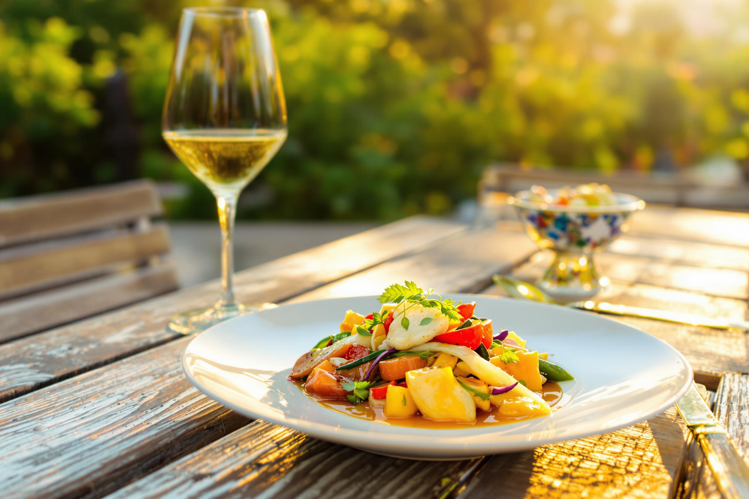 A stunning gourmet meal is elegantly plated on a weathered wooden table set outdoors. The main dish features vibrant colors, showcasing fresh vegetables arranged artfully alongside a perfectly cooked protein. Garnishes add elegance, reflecting the golden hour sunlight that enhances every detail. In the blurred background, hints of lush greenery create a peaceful ambience.