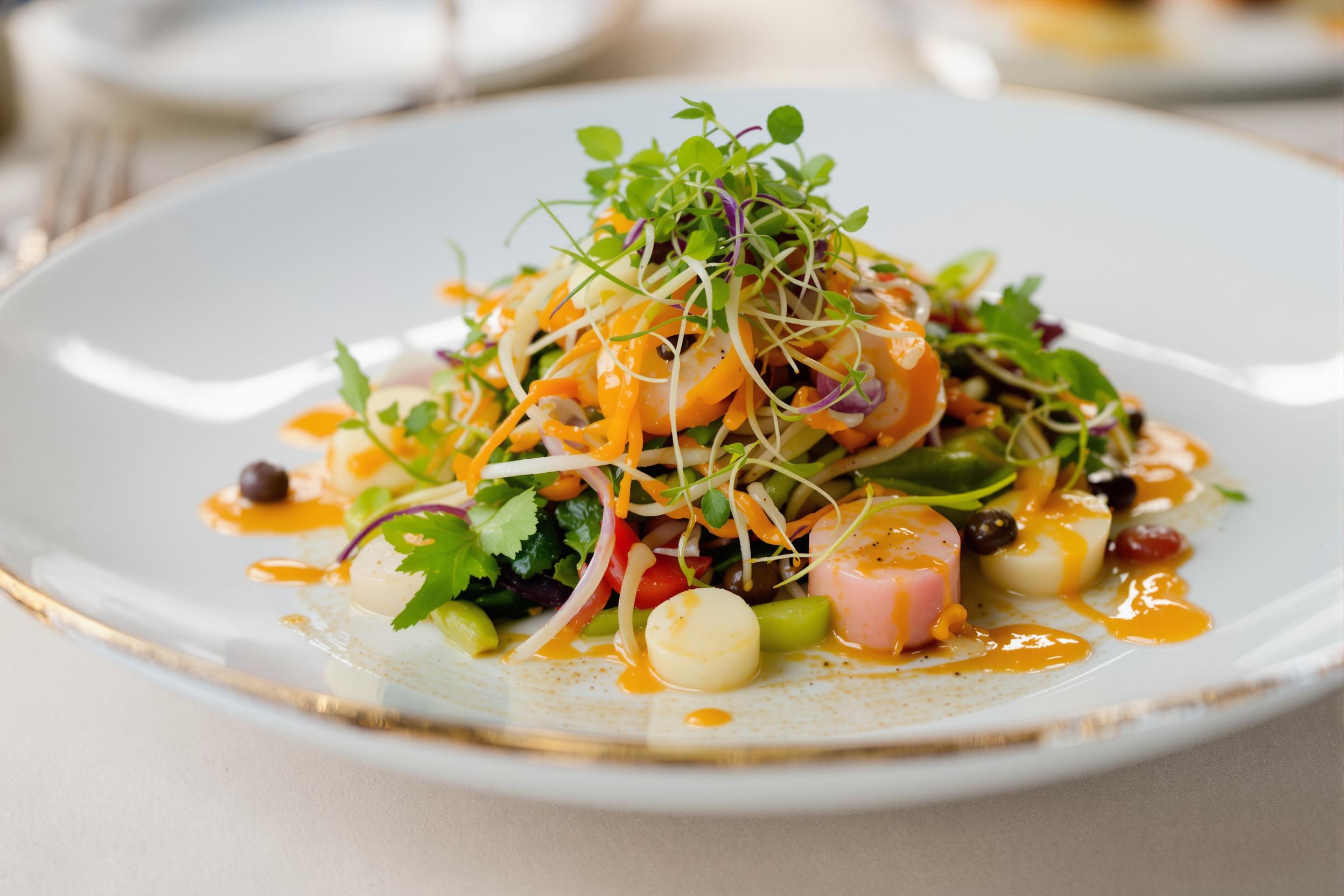 A close-up view of an elegant gourmet dish arranged on a fine porcelain plate. The composition showcases a vibrant array of colorful vegetables, delicate microgreens, and artfully drizzled sauces, creating an enticing visual delight. Soft light glistens off the glossy presentation, enhancing the textures of fresh ingredients while an out-of-focus backdrop suggests a classy dining atmosphere.