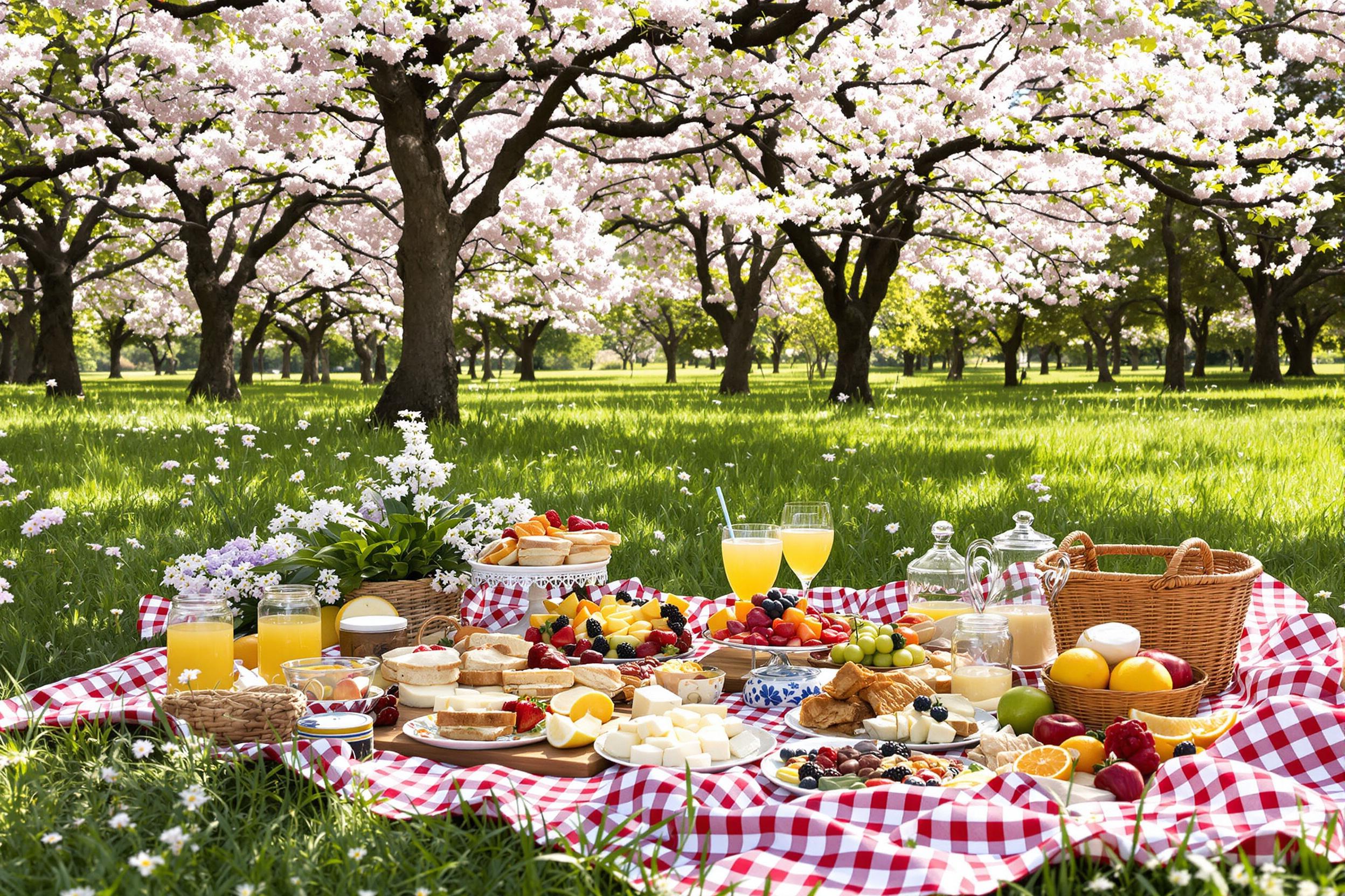 A delightful gourmet picnic scene unfolds beneath the shaded copse of blooming trees in a vibrant park. A checkered blanket is spread across the lush grass, adorned with beautifully arranged dishes of colorful fruits, artisanal cheeses, and sandwiches. Nearby, vintage glassware glimmers in the sunlight alongside fresh lemonade. Wildflowers peek through the spread, adding an extra layer of charm.