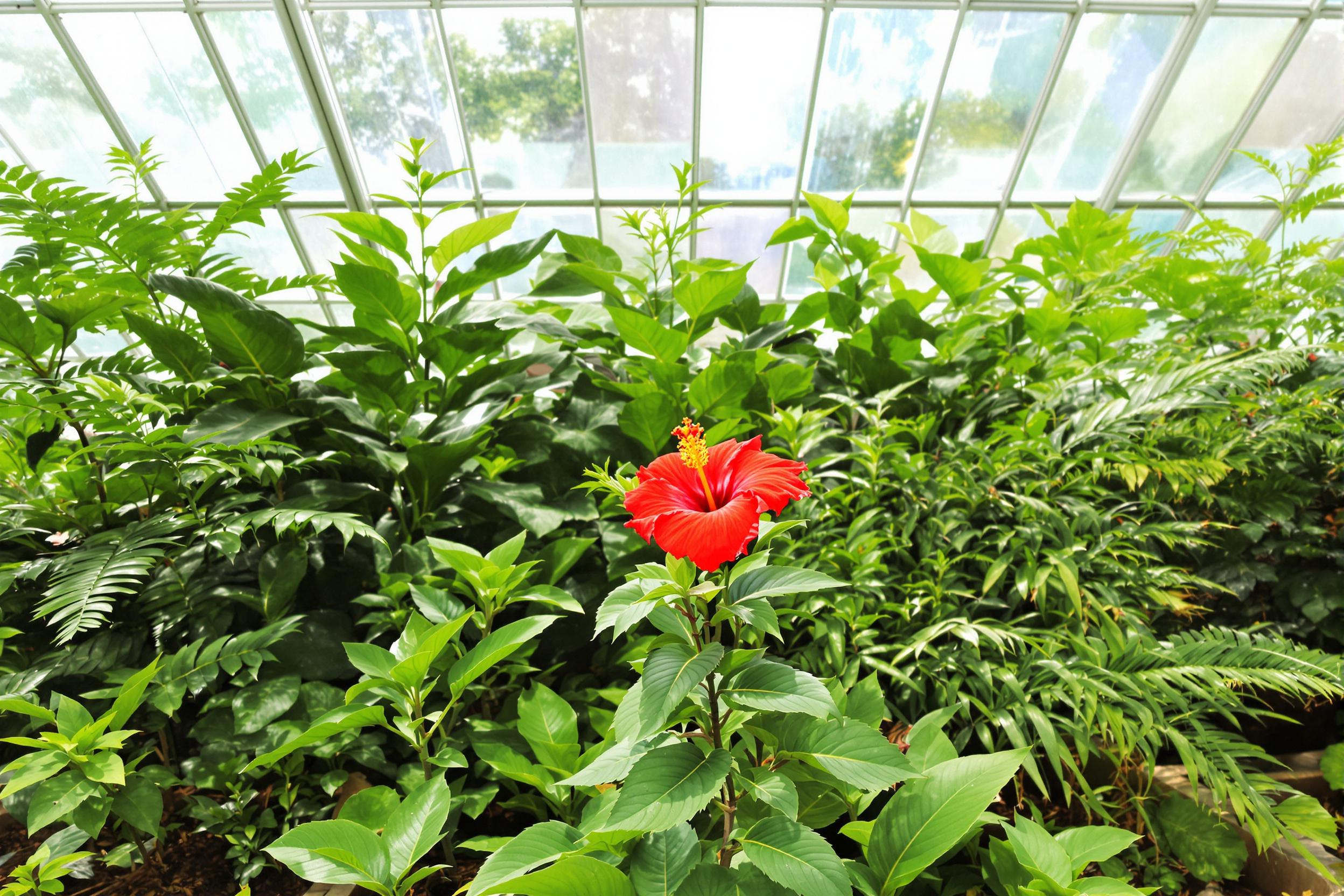 Sunlight dances through geometric glass panels inside a vibrant greenhouse. Layers of exotic foliage fill the space, ranging from broad-leafed tropical plants to spindly ferns. Centered is a bright hibiscus bloom, its red petals vivid against a sea of greens. Damp soil and rustic wooden planters add earthy texture below.