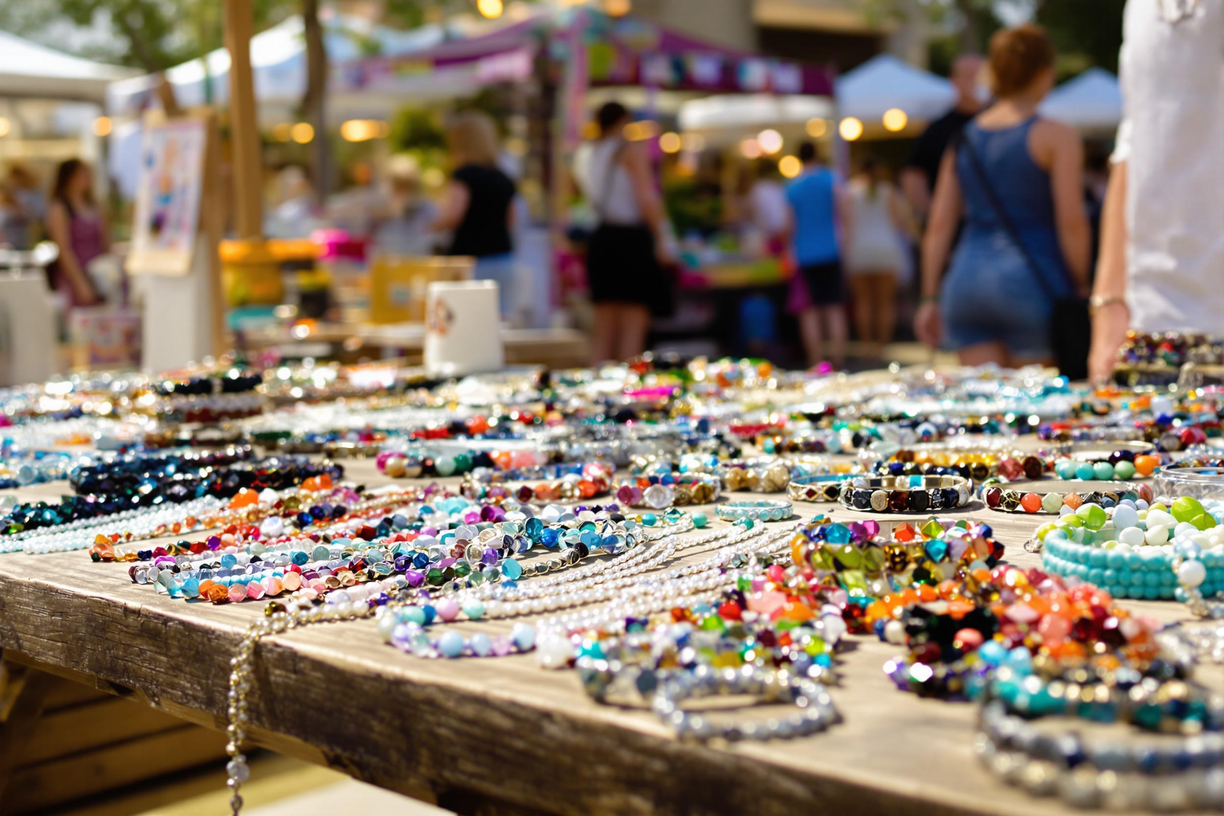 A vibrant scene at a local artisan fair features a close-up of a handcrafted jewelry display. Delicate necklaces, colorful beads, and intricate bracelets are arranged neatly on a rustic wooden table. The late afternoon sun illuminates the gems, casting subtle reflections that enhance their brilliance, while visitors can be seen exploring nearby booths in soft focus behind.