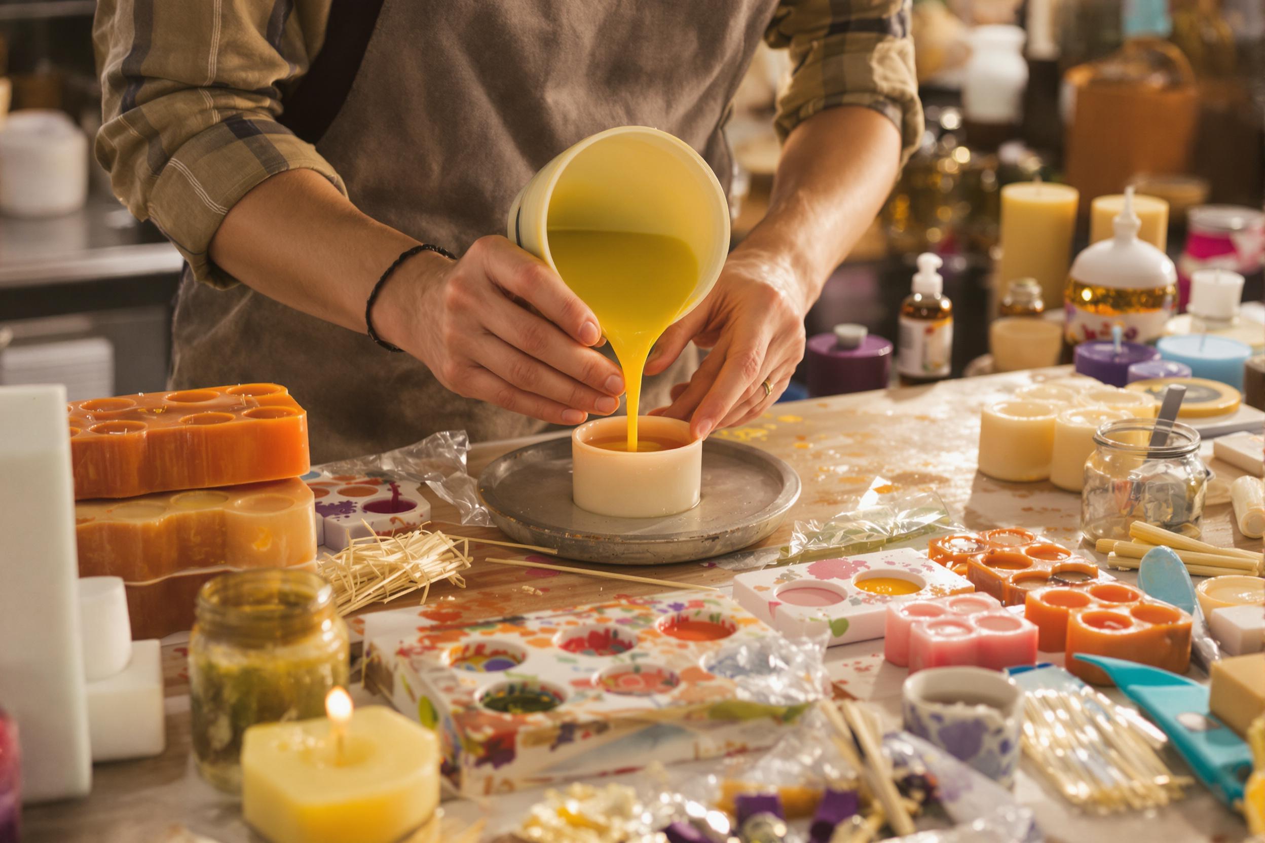 An artisan is deeply engaged in crafting handmade candles in a well-lit workshop. The scene showcases their skillful hands pouring colorful molten wax into molds. Various scents and hues fill the workspace, surrounded by wax blocks, wicks, and essential oils. Warm light highlights the intricate details of the process, creating an inviting atmosphere of creativity and craftsmanship.