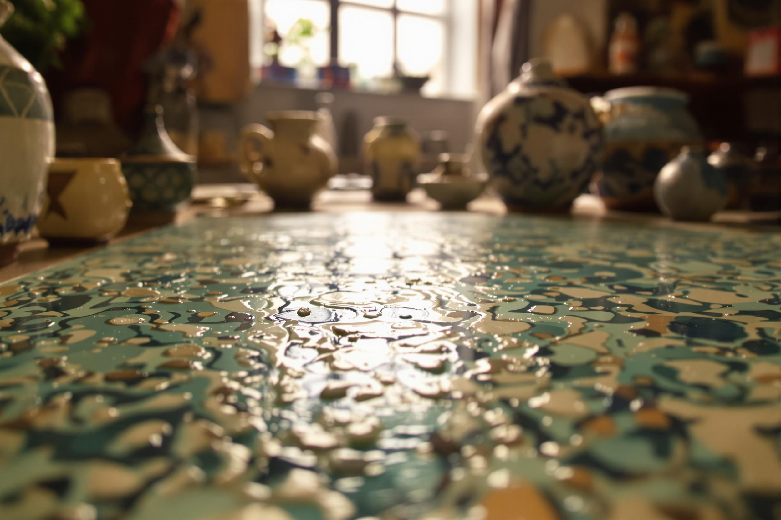 An extreme close-up captures the exquisite details of handmade pottery displayed on a crafting table. The surface showcases intricate patterns and varying textures, highlighted by the soft midday light that streams in from a nearby window. Rich hues of blues and greens are complemented by subtle, organic imperfections, celebrating the artisanal quality of each piece.