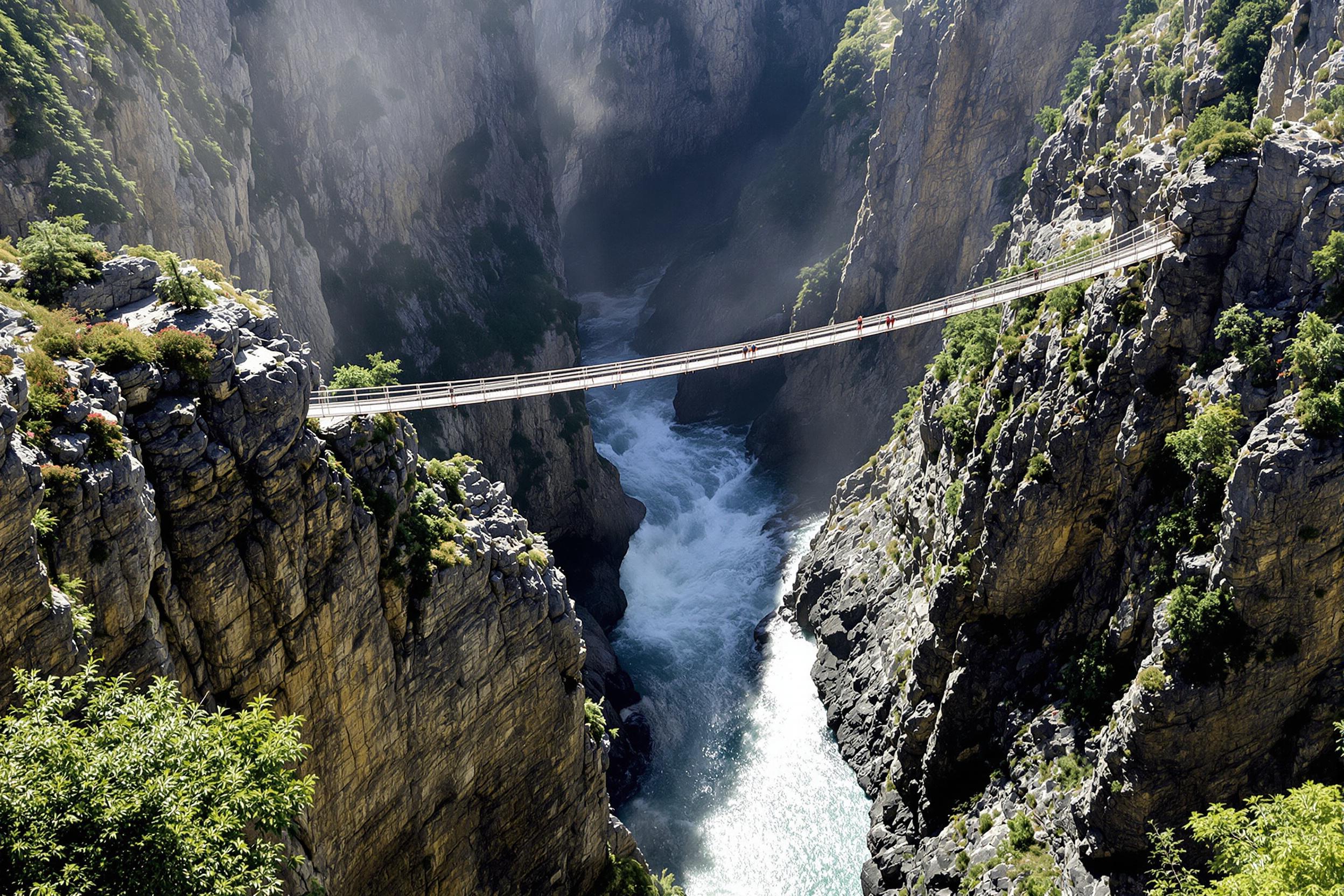 Suspended high above a dramatic river gorge, multiple narrow hanging bridges stretch across the frame, linking mist-covered cliffs. Captured from an overhead angle, sunlight highlights elements of the rugged terrain as flowing waters glisten below. Scattered tiny figures add scale to this vertical marvel, framed against steep shadowed walls.