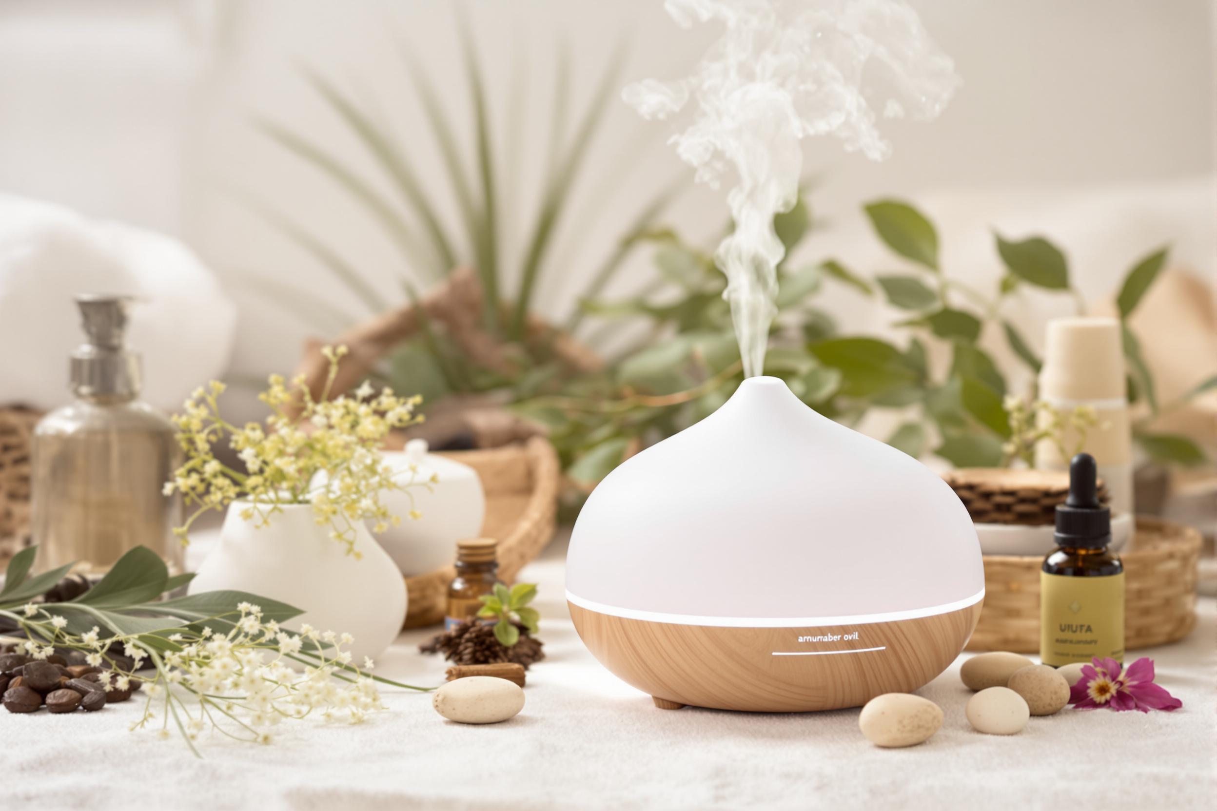 Discover the power of aromatherapy in this serene spa scene. A sleek, modern essential oil diffuser releases a fine mist, surrounded by carefully arranged natural elements. The image embodies tranquility and holistic wellness practices.