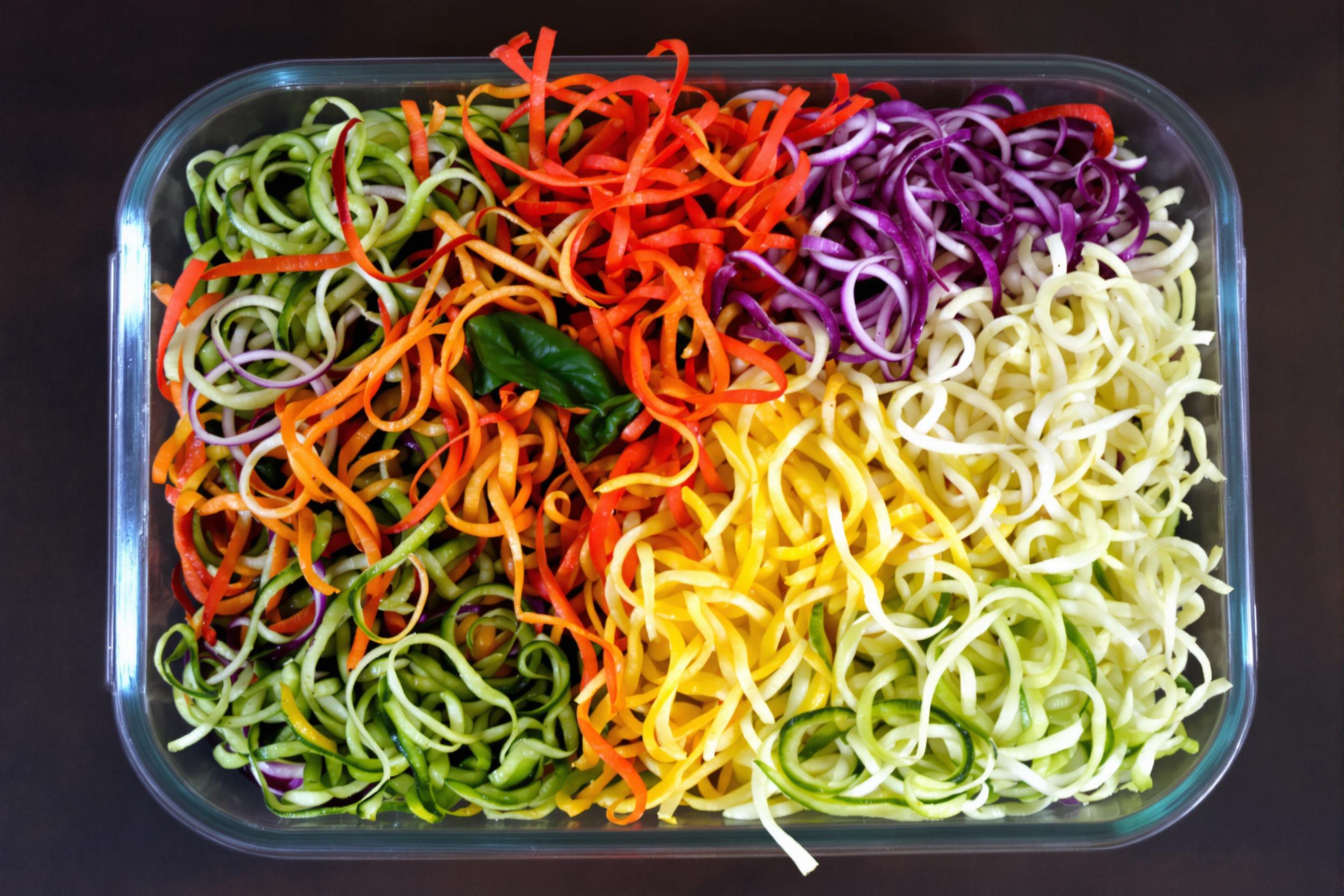 Vibrant spiralized vegetables arranged in a glass container, showcasing a rainbow of colors and textures. This image represents healthy meal preparation, nutrient-dense foods, and creative culinary techniques for a balanced lifestyle.