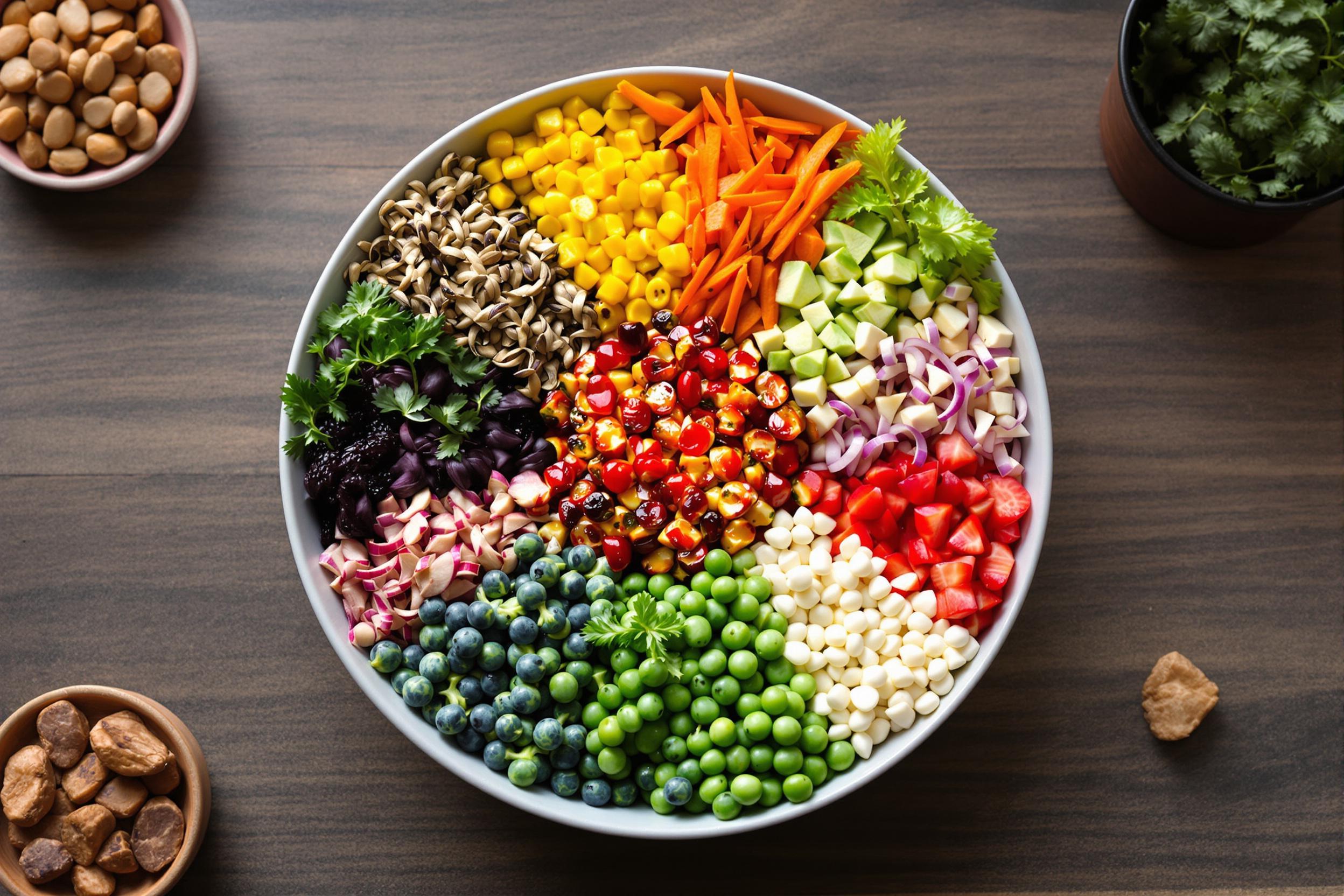 Capture the art of mindful eating with a vibrant Buddha bowl assembly. Fresh ingredients arranged in a circular pattern, showcasing a rainbow of nutrients. Emphasize the meditative process of creating a balanced, wholesome meal.