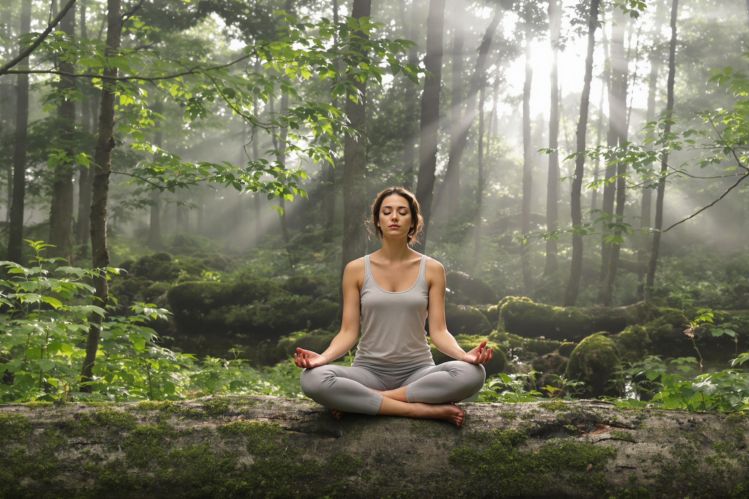 A serene image capturing a woman practicing mindful breathing in a misty forest clearing. She sits cross-legged on a moss-covered log, eyes closed, hands resting gently on her knees. Soft morning light filters through the trees, creating a ethereal atmosphere perfect for meditation and forest bathing themes.