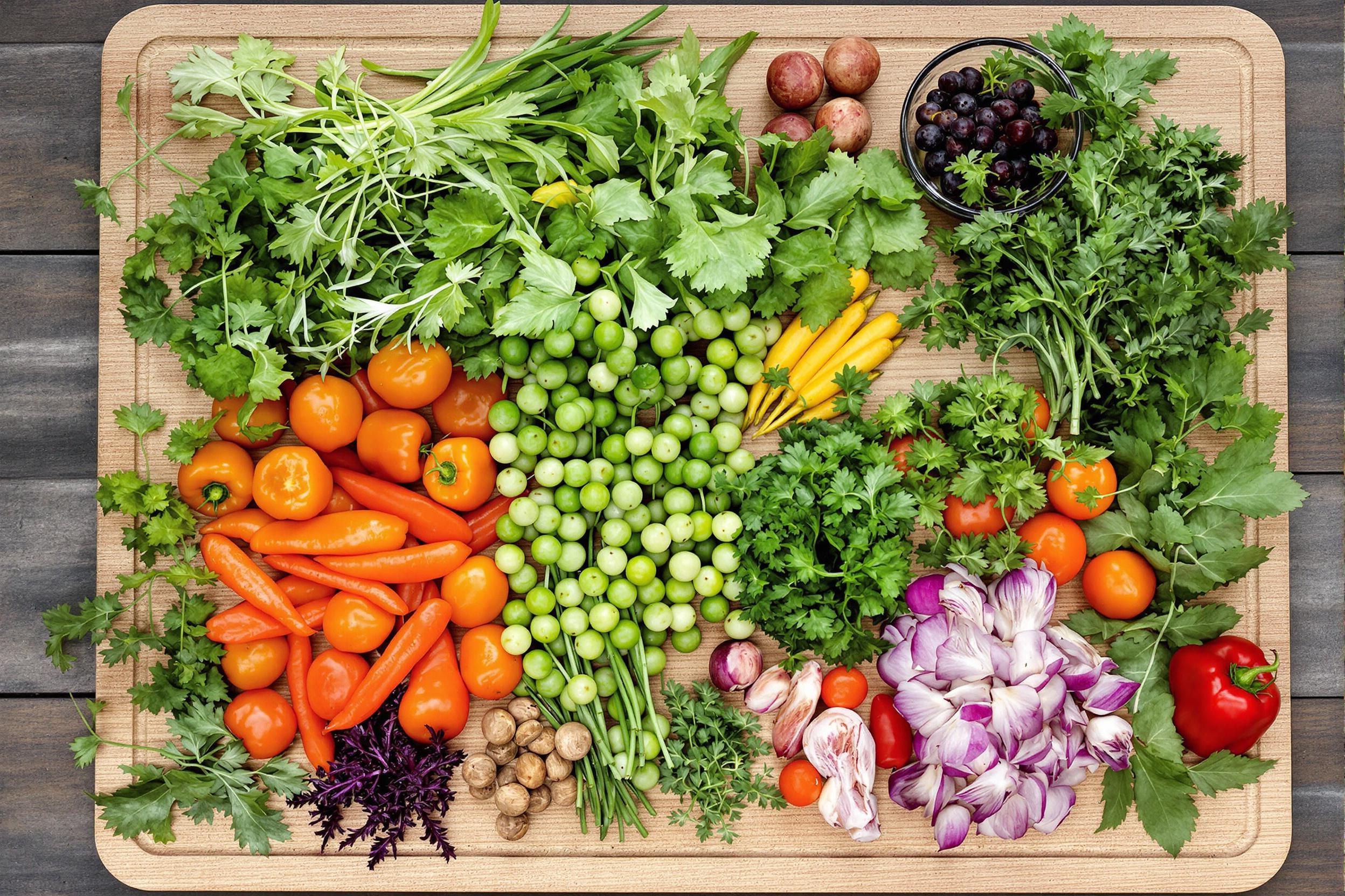 A vibrant, organized display of fresh vegetables and herbs on a rustic wooden cutting board. This image showcases the art of mindful meal preparation, emphasizing nutrition, color variety, and sustainable eating habits.