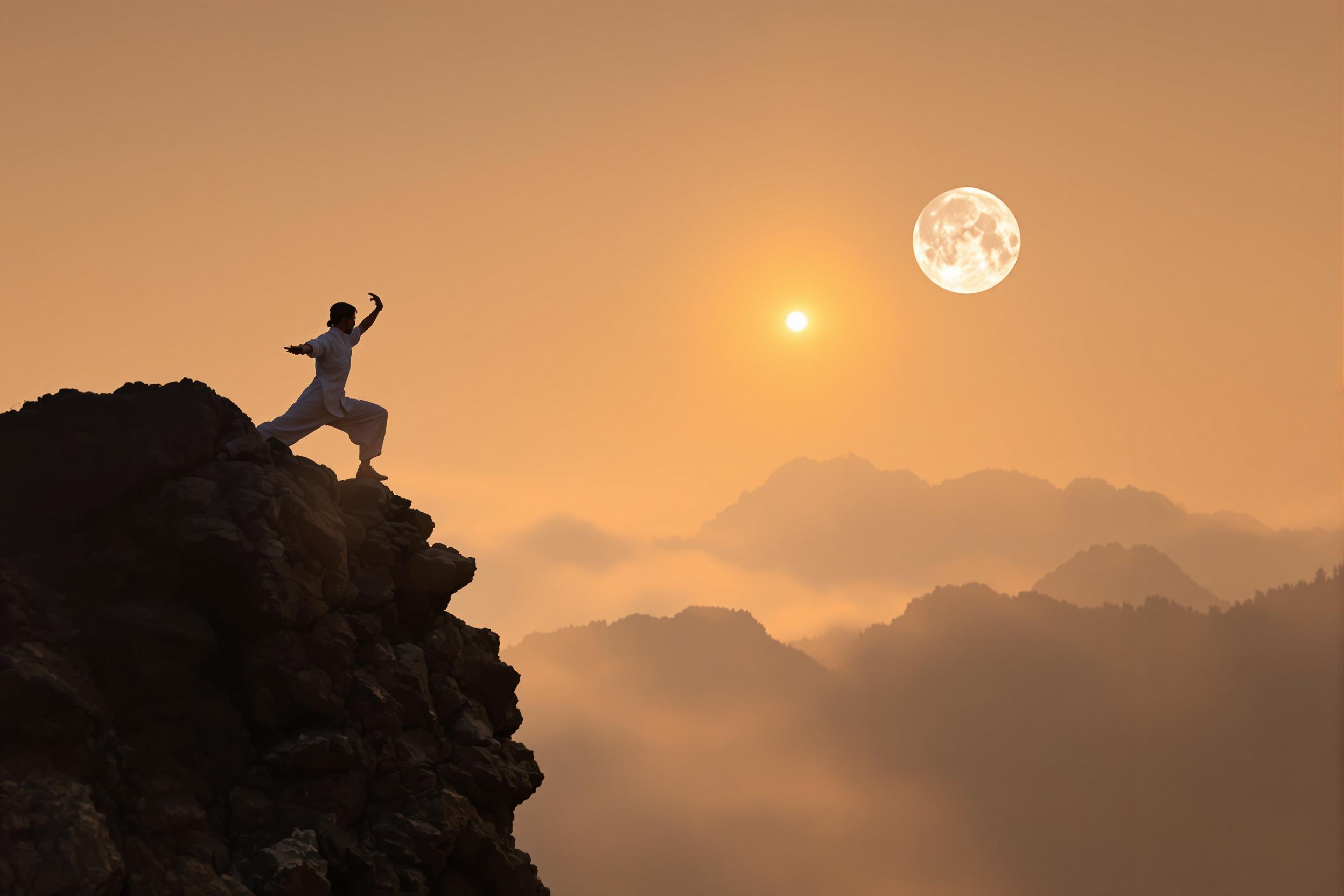 A solitary figure performs graceful Tai Chi movements atop a misty mountain peak, silhouetted against a full moon. The image captures the harmony of mind-body connection and nature's tranquility, embodying the essence of holistic wellness practices.