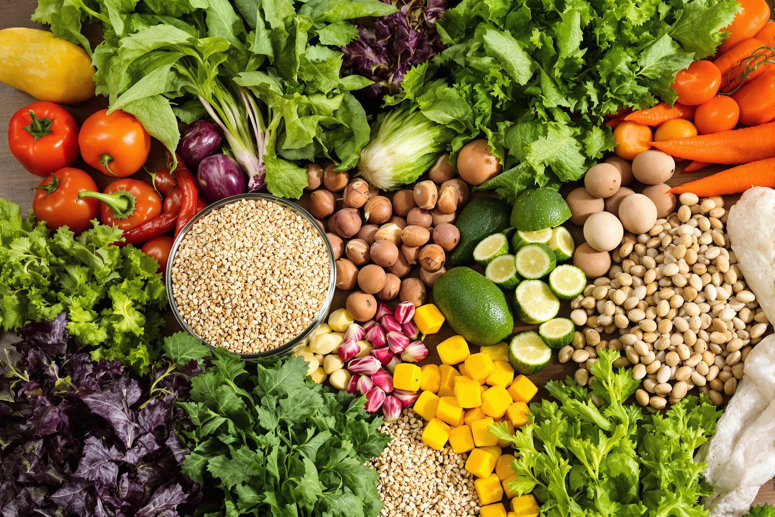 A vibrant array of fresh, organic ingredients thoughtfully arranged on a rustic wooden kitchen counter. The scene showcases a rainbow of nutrient-rich foods, including leafy greens, colorful vegetables, whole grains, and lean proteins, ready for mindful meal preparation.