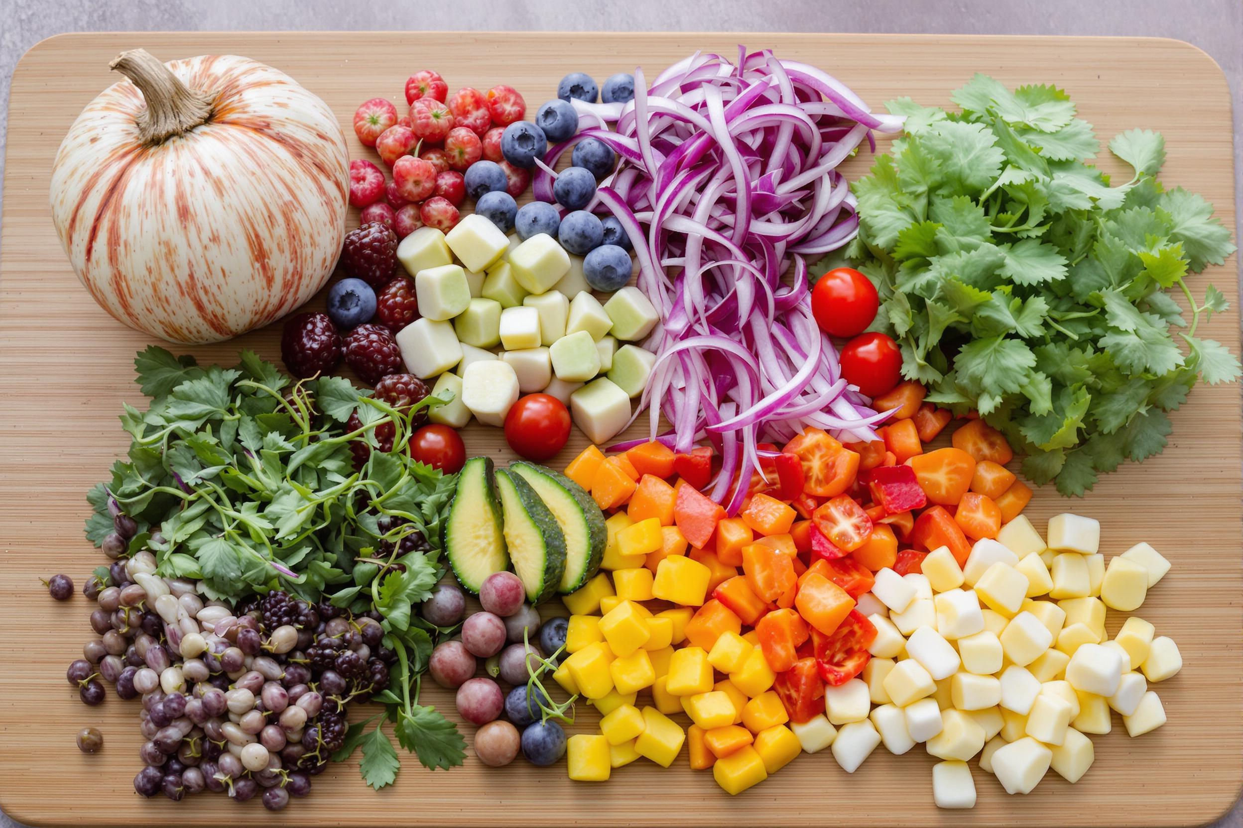 A vibrant array of fresh, organic ingredients arranged on a bamboo cutting board for mindful meal preparation. Showcasing a rainbow of nutrient-rich foods, this image captures the essence of wholesome eating and intentional nutrition planning.